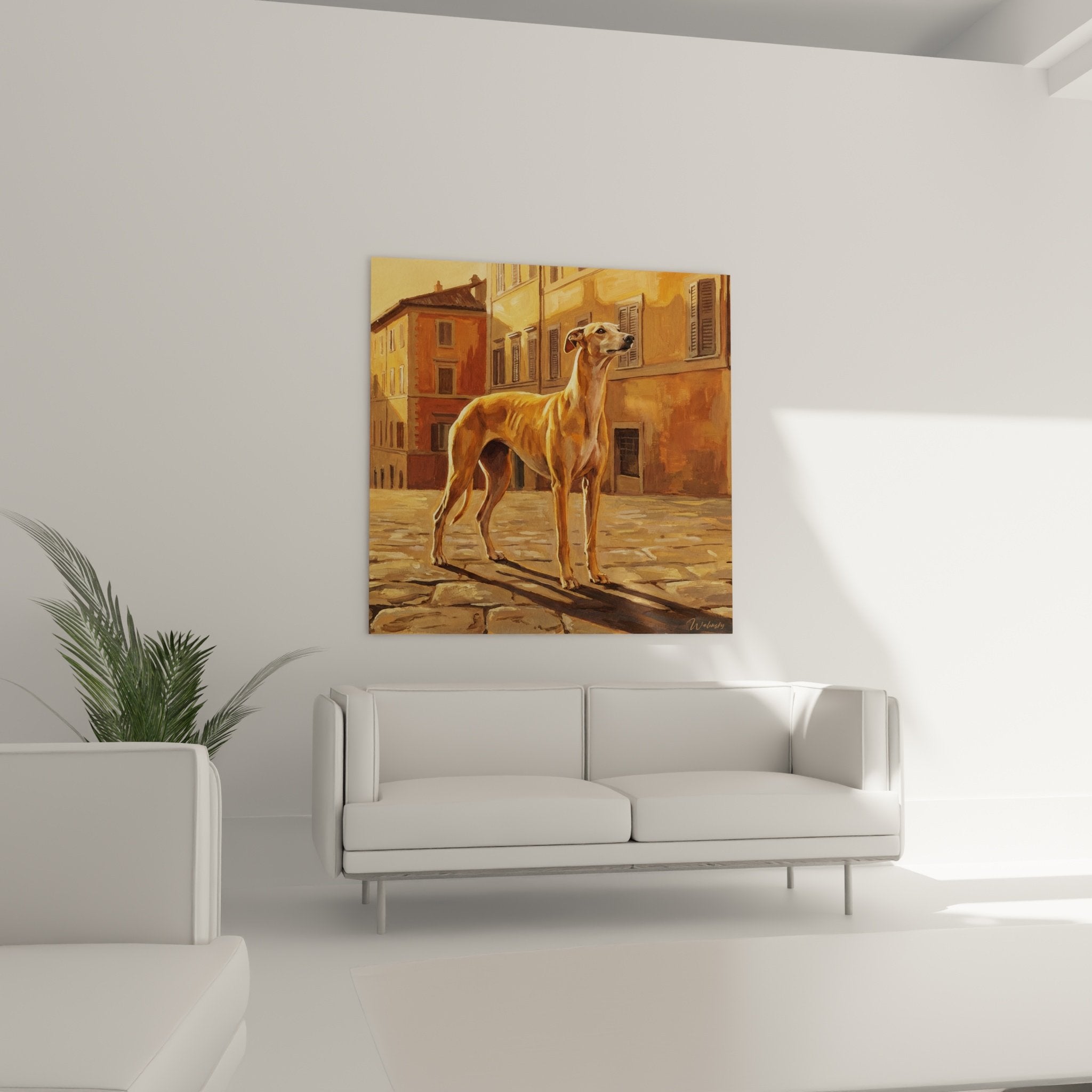 Détail peinture lévrier greyhound doré sur pavés anciens architecture italienne
