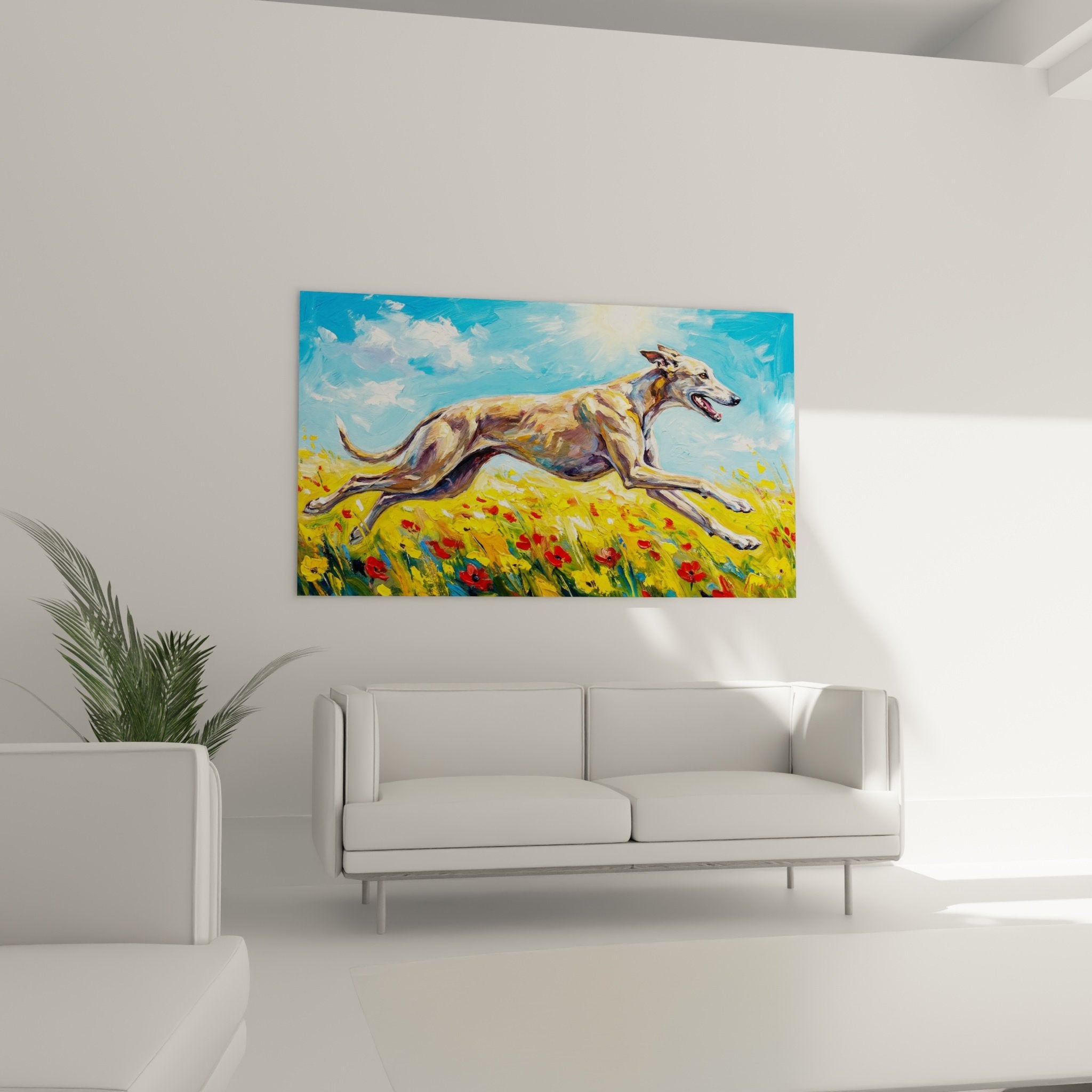 Detail peinture levrier galop pelage fauve coups pinceau expressifs texture artistique