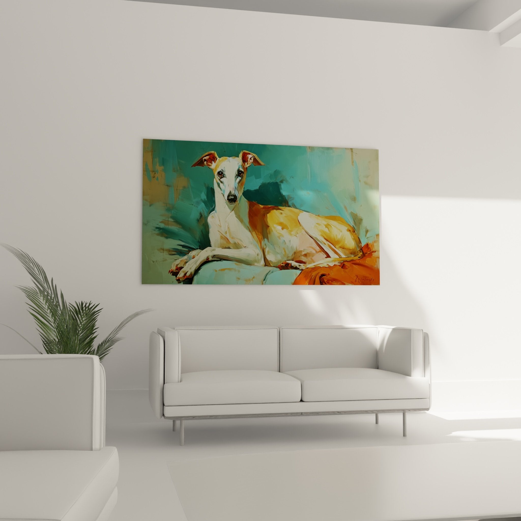 detail peinture levrier whippet technique picturale moderne coups pinceau expressifs turquoise