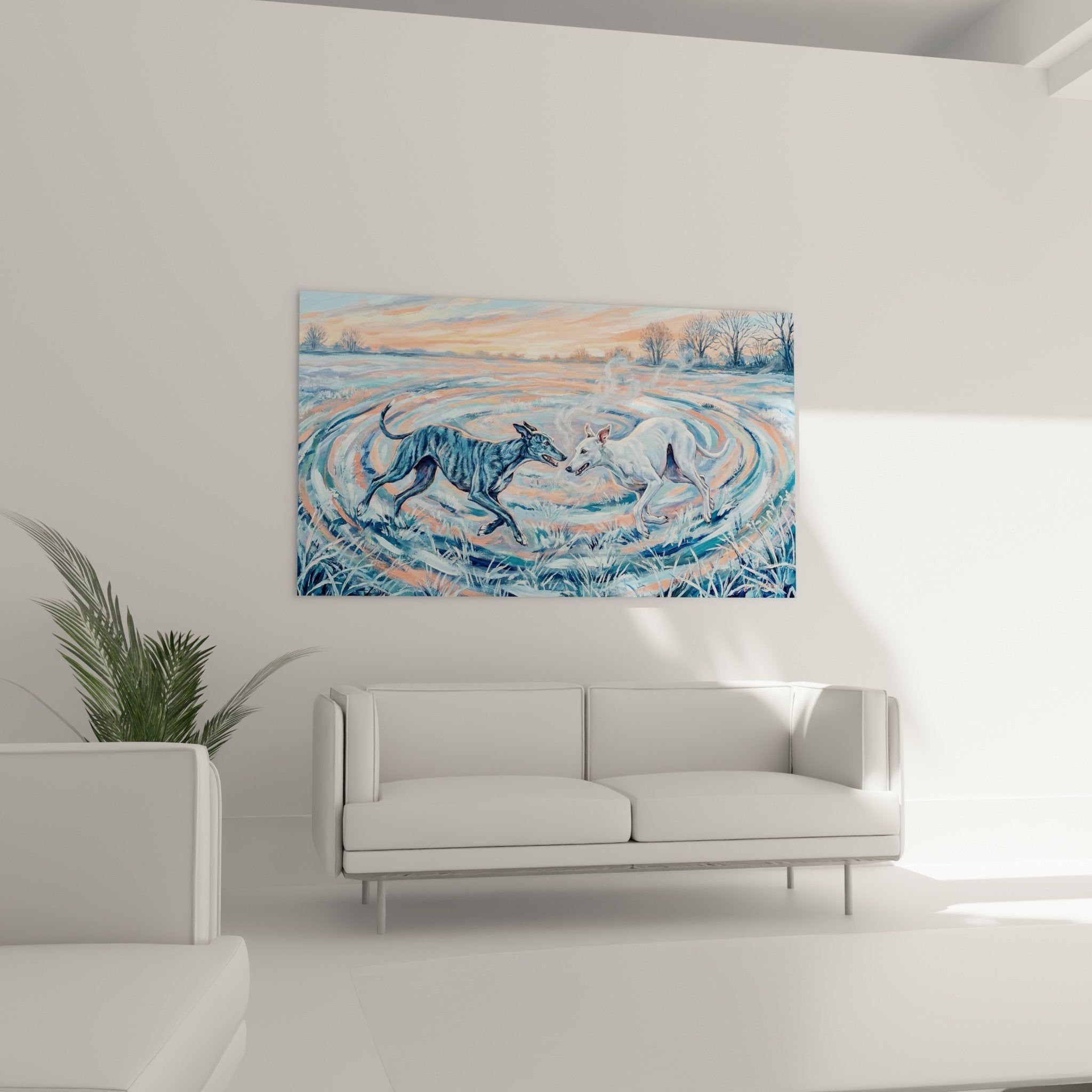 Détail rapproché peinture lévriers greyhound blanc et bleu dans spirales de brume colorée hiver