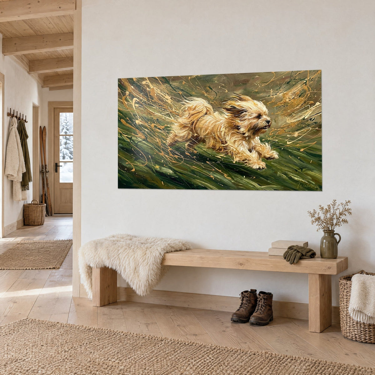 Gemälde cremefarbener Hund mit langem, im Wind wehendem Haar, dunkelgrüne und goldene Ölmalerei, Dreiviertelansicht neben einer Holzbank