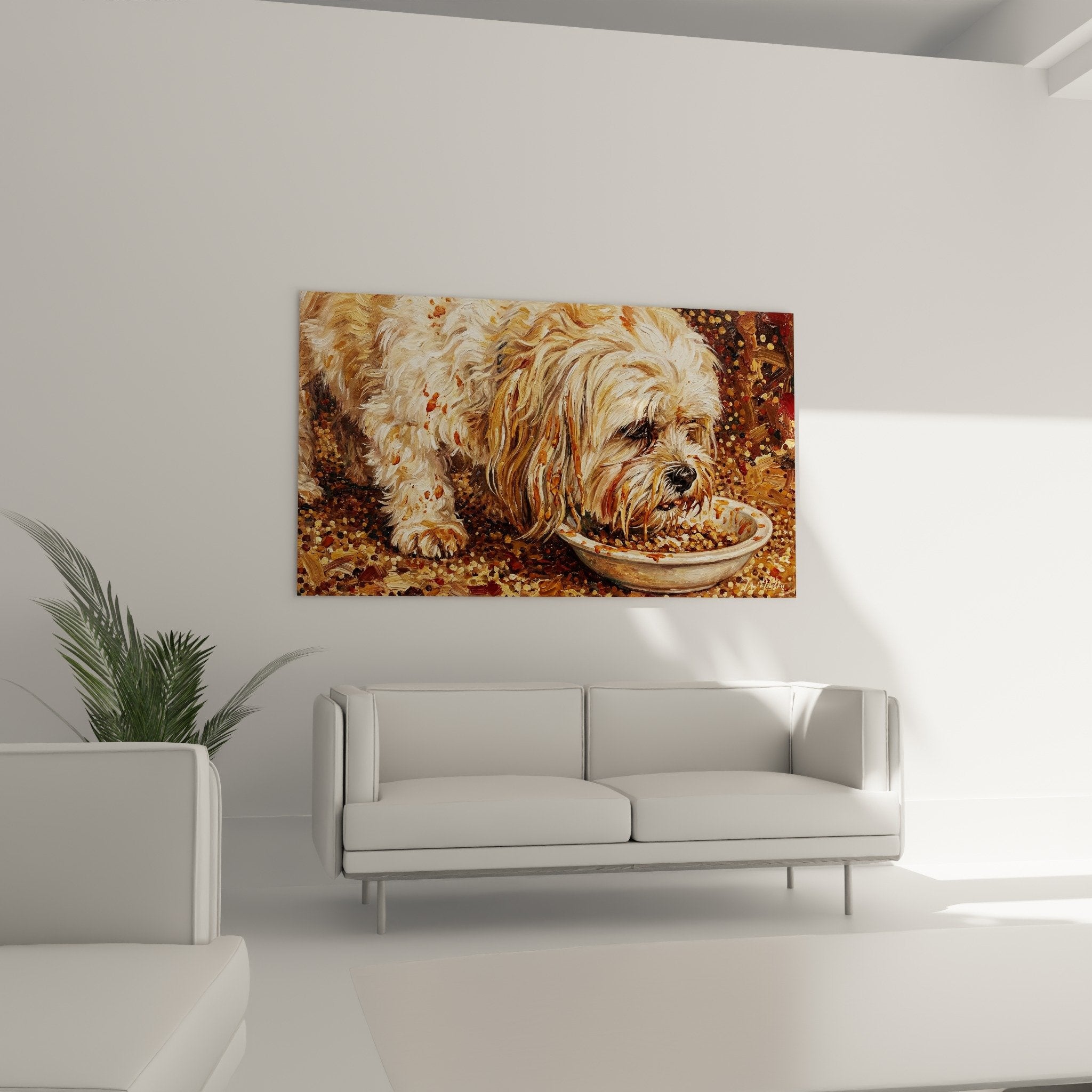 Détail peinture Lhassa Apso : texture du pelage doré et blanc avec effets de matière et projections dorées