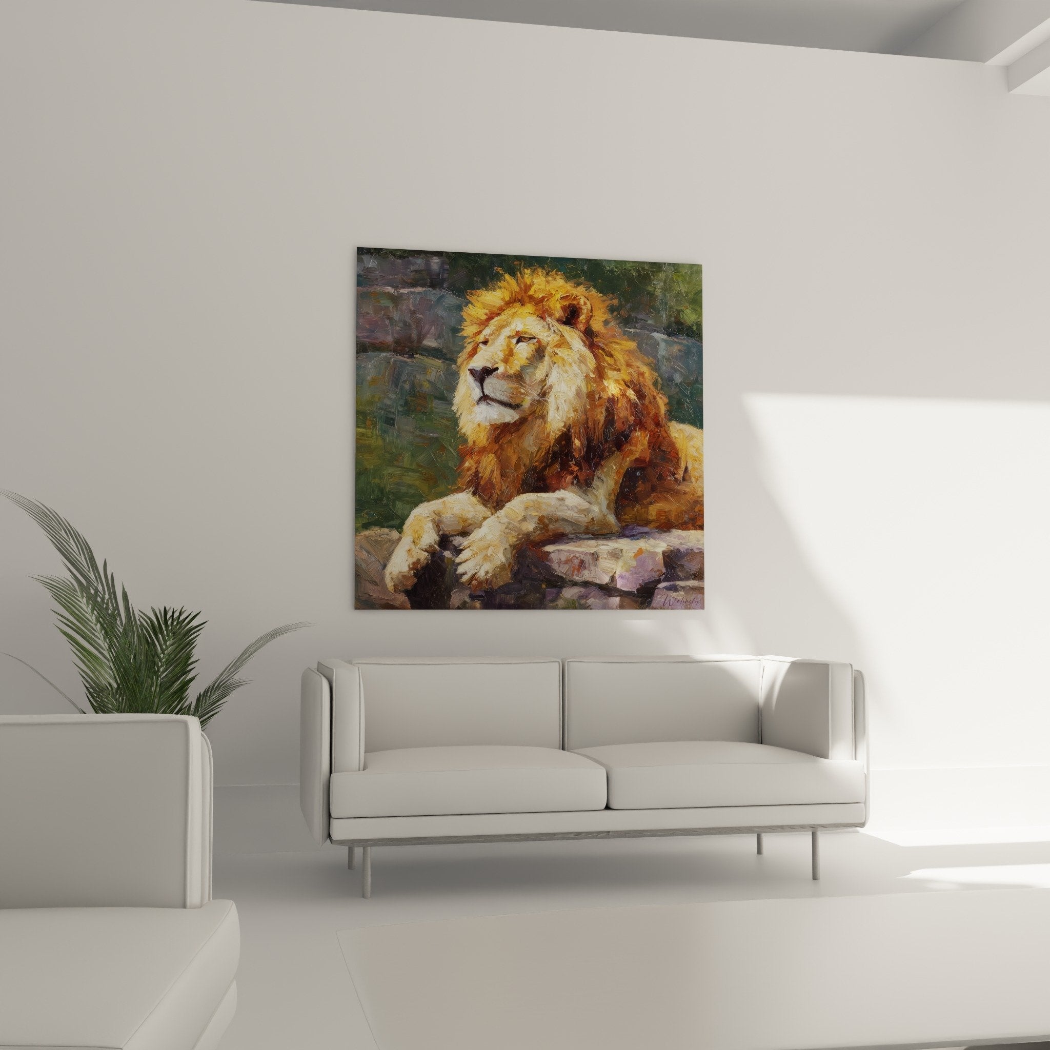 Close-up lion painting golden mane details textured impasto fauve oil art