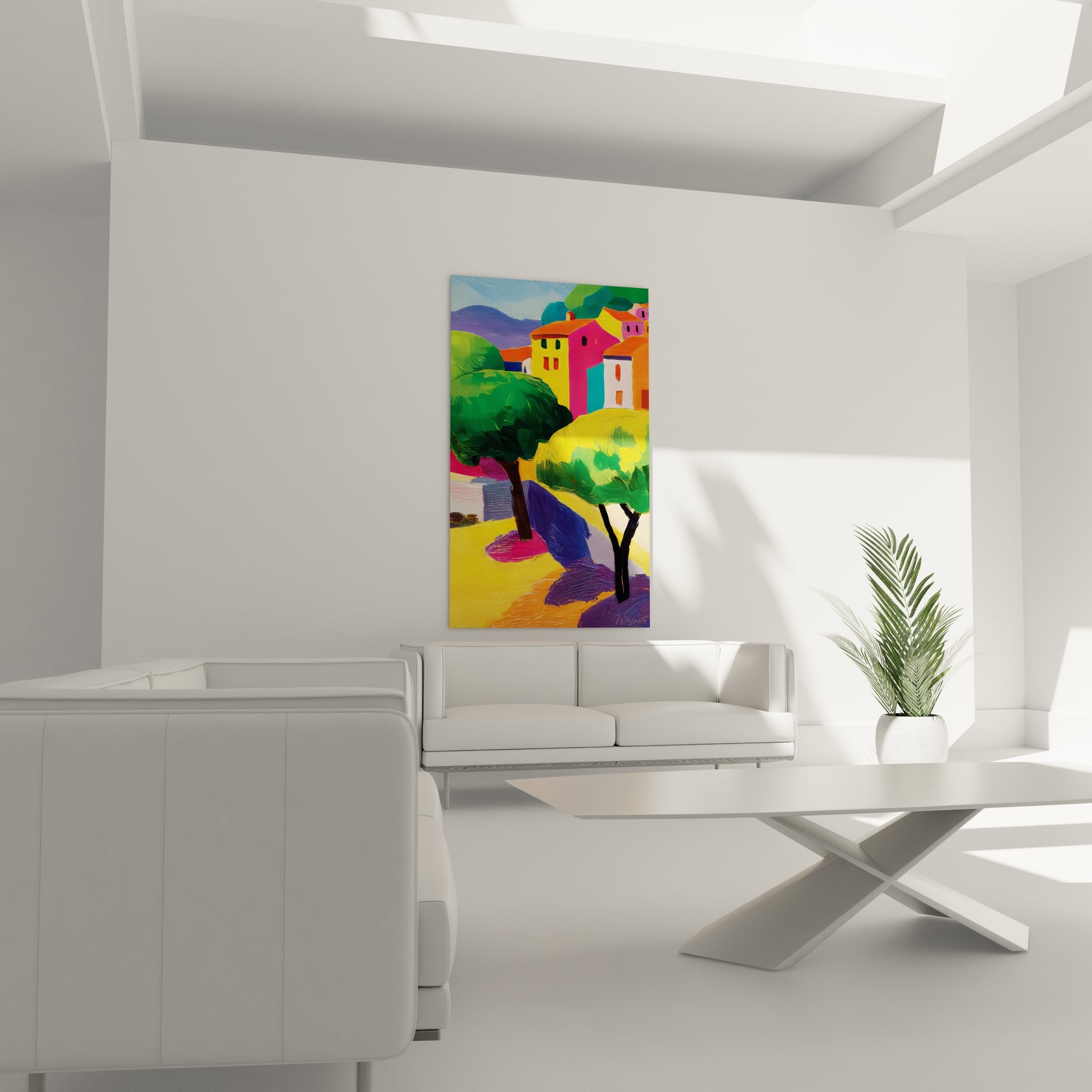 Détail peinture village côtier, maisons colorées et feuillages verts, technique artistique moderne