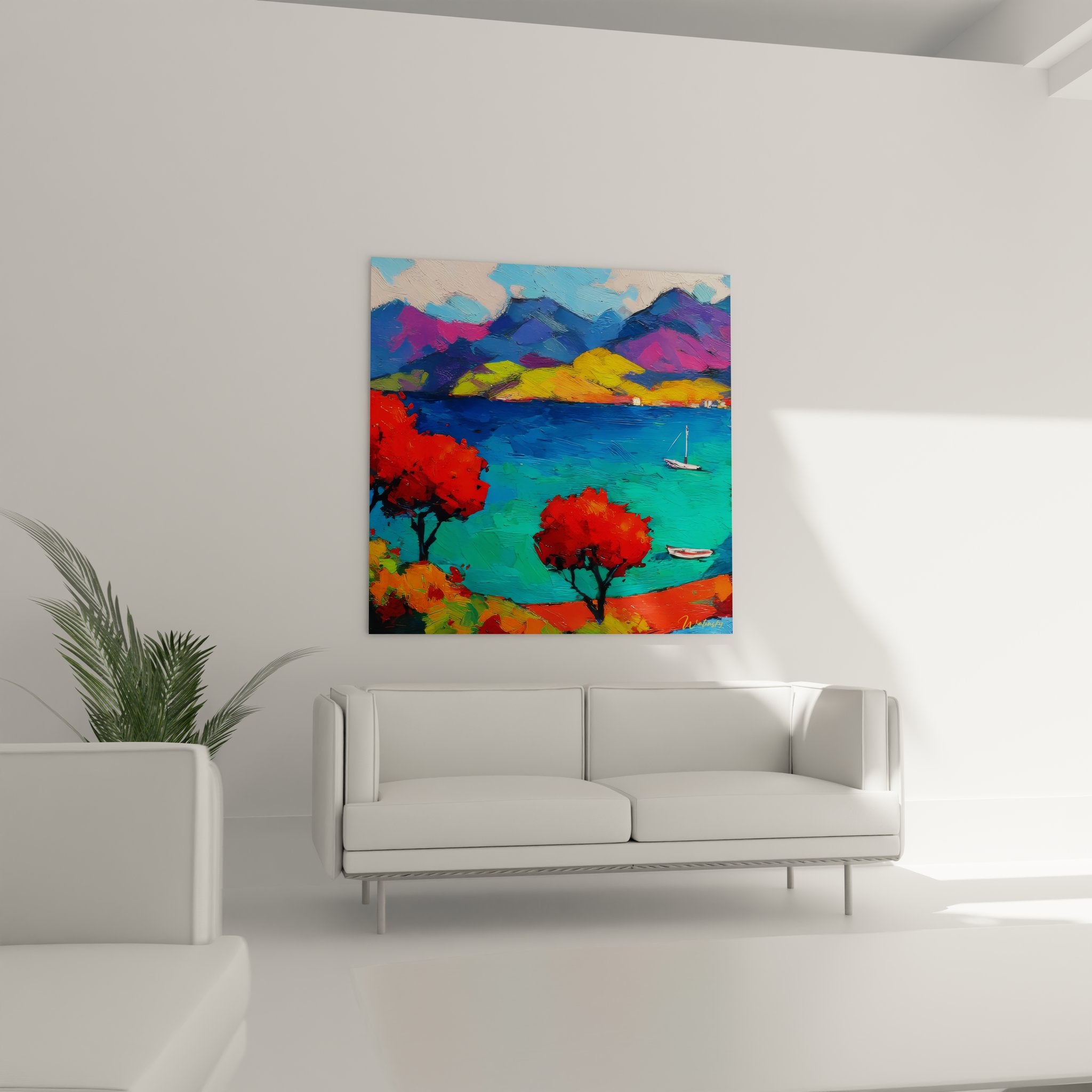 Détail rapproché peinture méditerranéenne - arbres rouges et technique picturale expressionniste visible