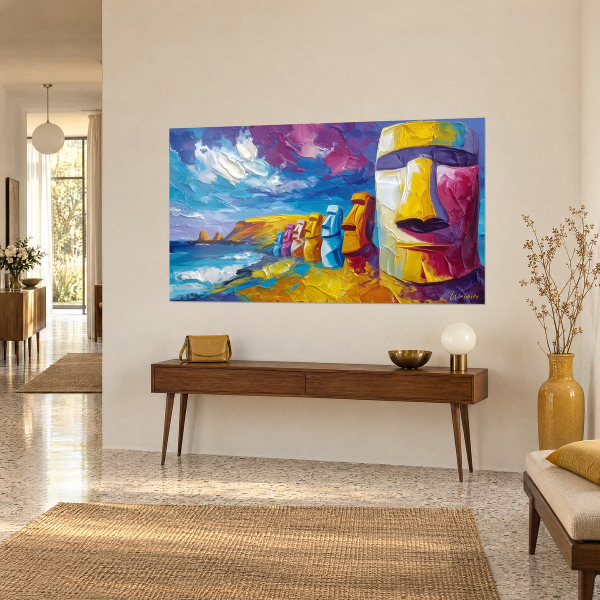 Quadro gigante di pietra scolpita a coltello, volto ocra giallo e magenta di fronte all'oceano blu, su una consolle in legno in un corridoio