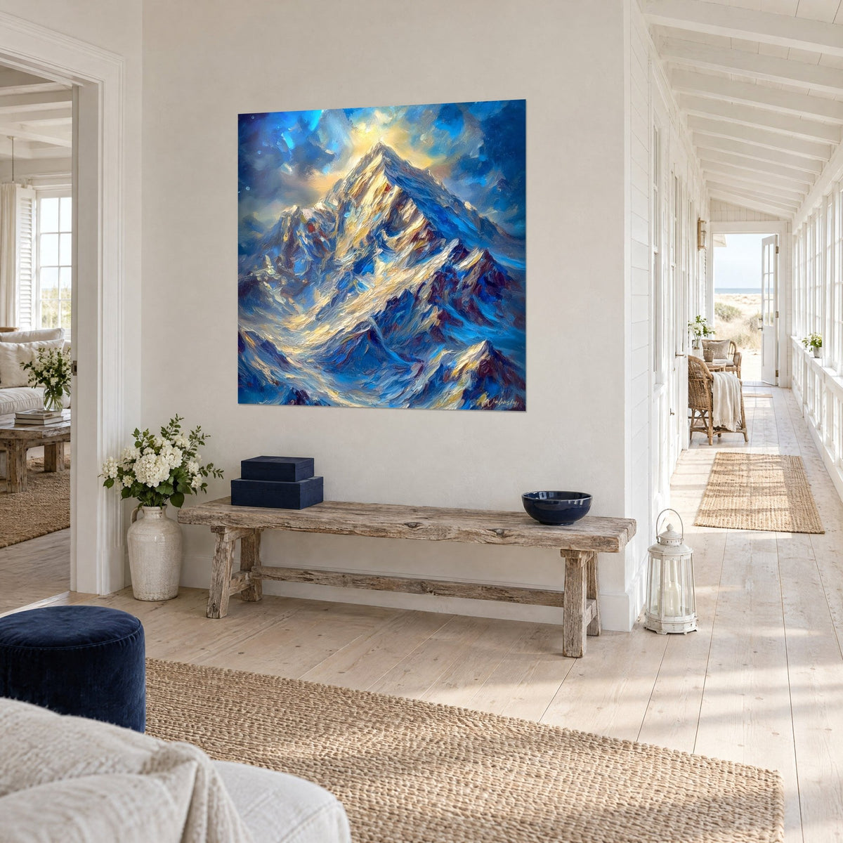 Wall art ice peak bathed in gold and ultramarine blue, thick palette-knife strokes, three-quarter view in a nautical-style house hallway
