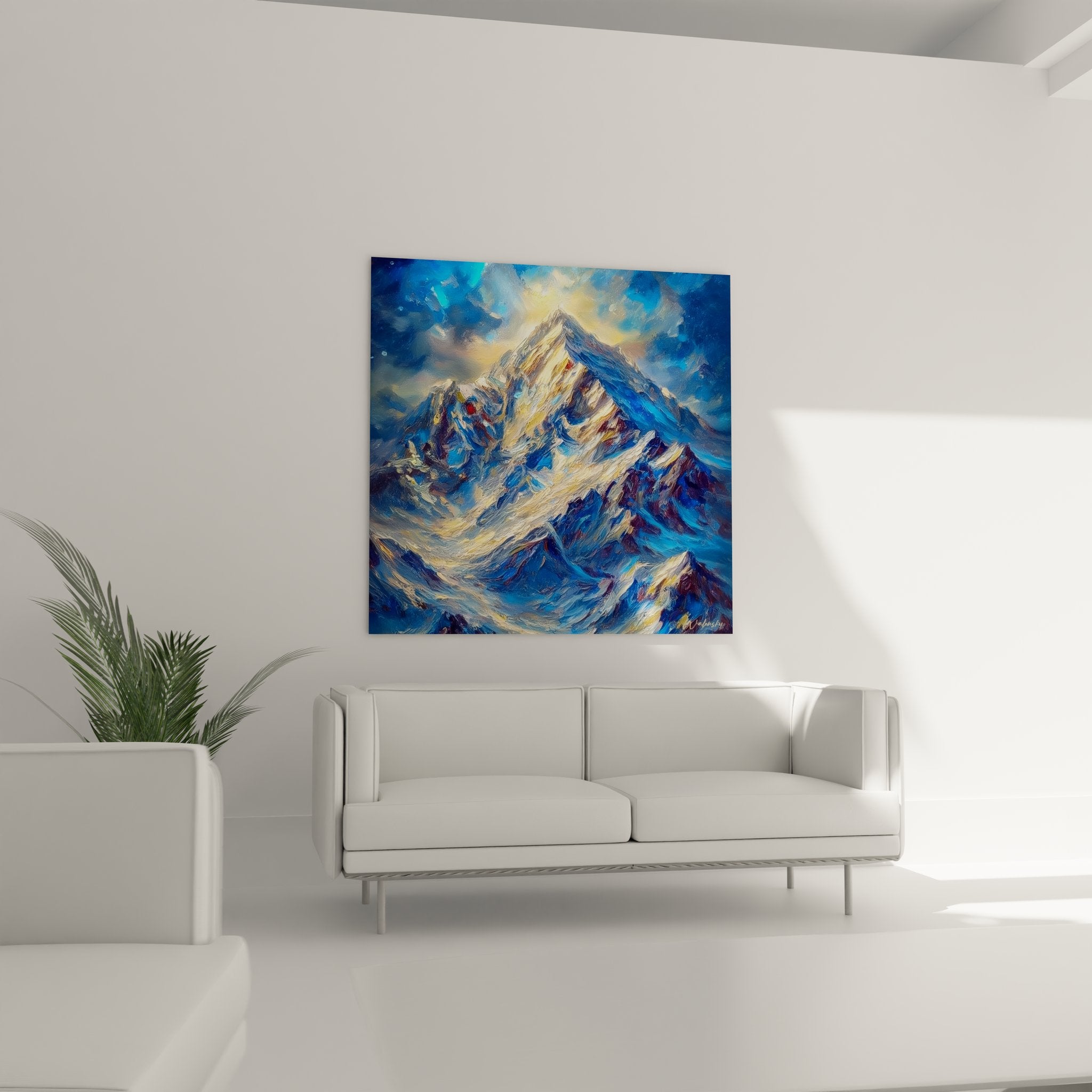 Détail peinture montagne sommet enneigé, texture brushstrokes bleus dorés, art mural haute qualité