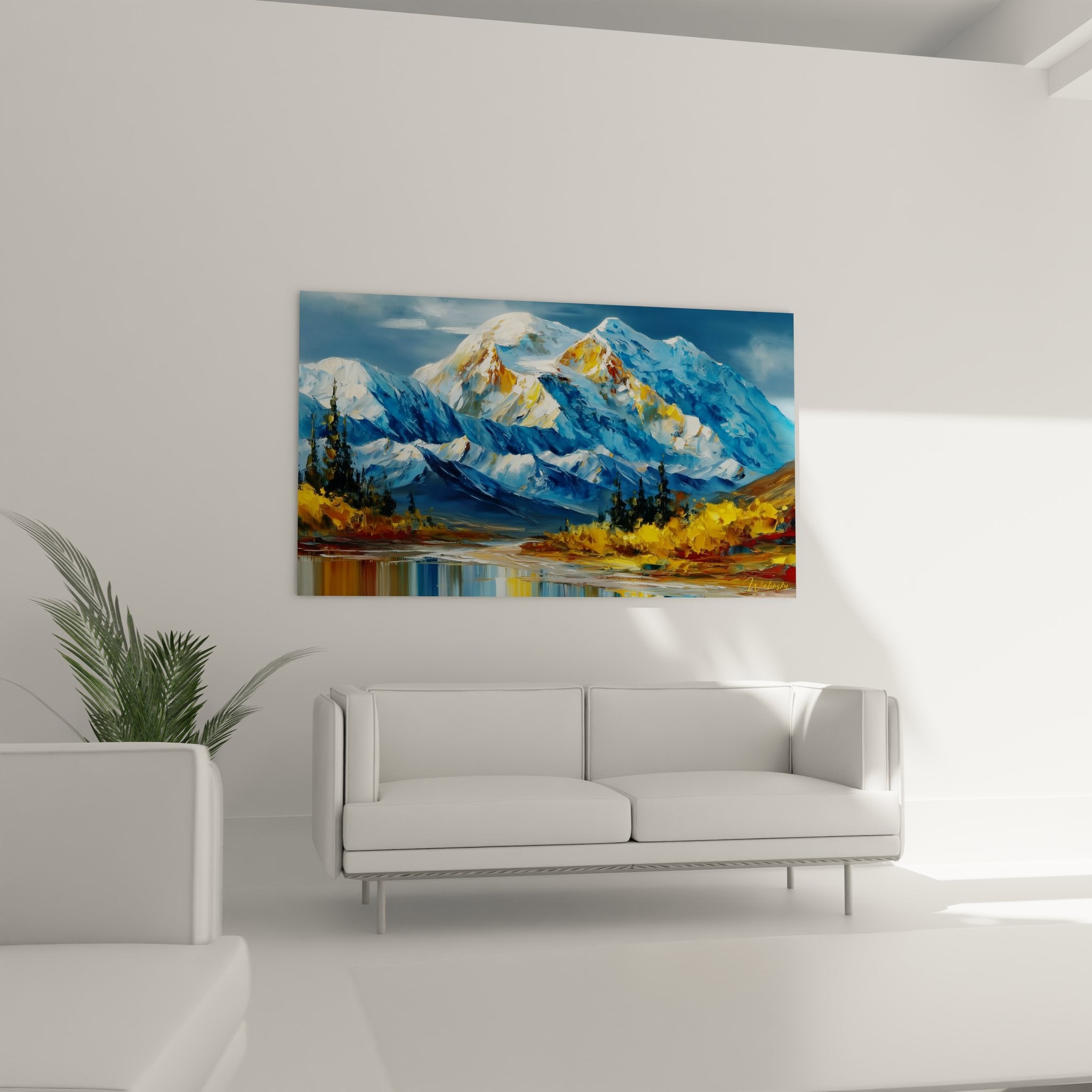 Détail peinture montagne enneigée, technique à l'huile sur sommets alpins avec glaciers et roches dorées