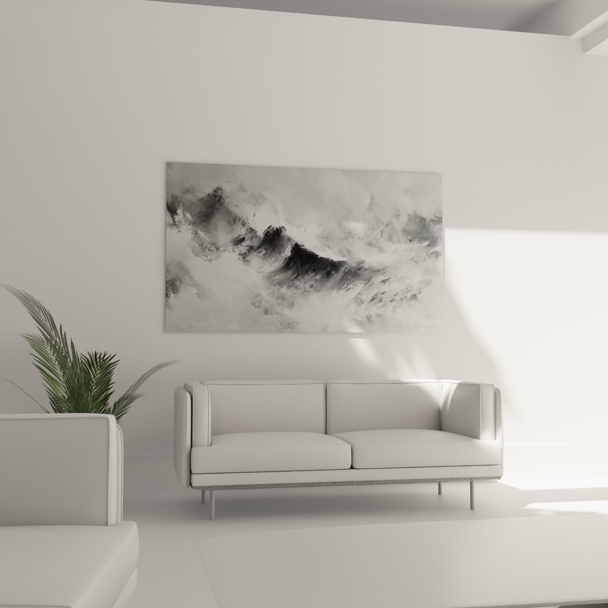 Détail peinture abstraite montagnes textures empâtement noir blanc gris métallique