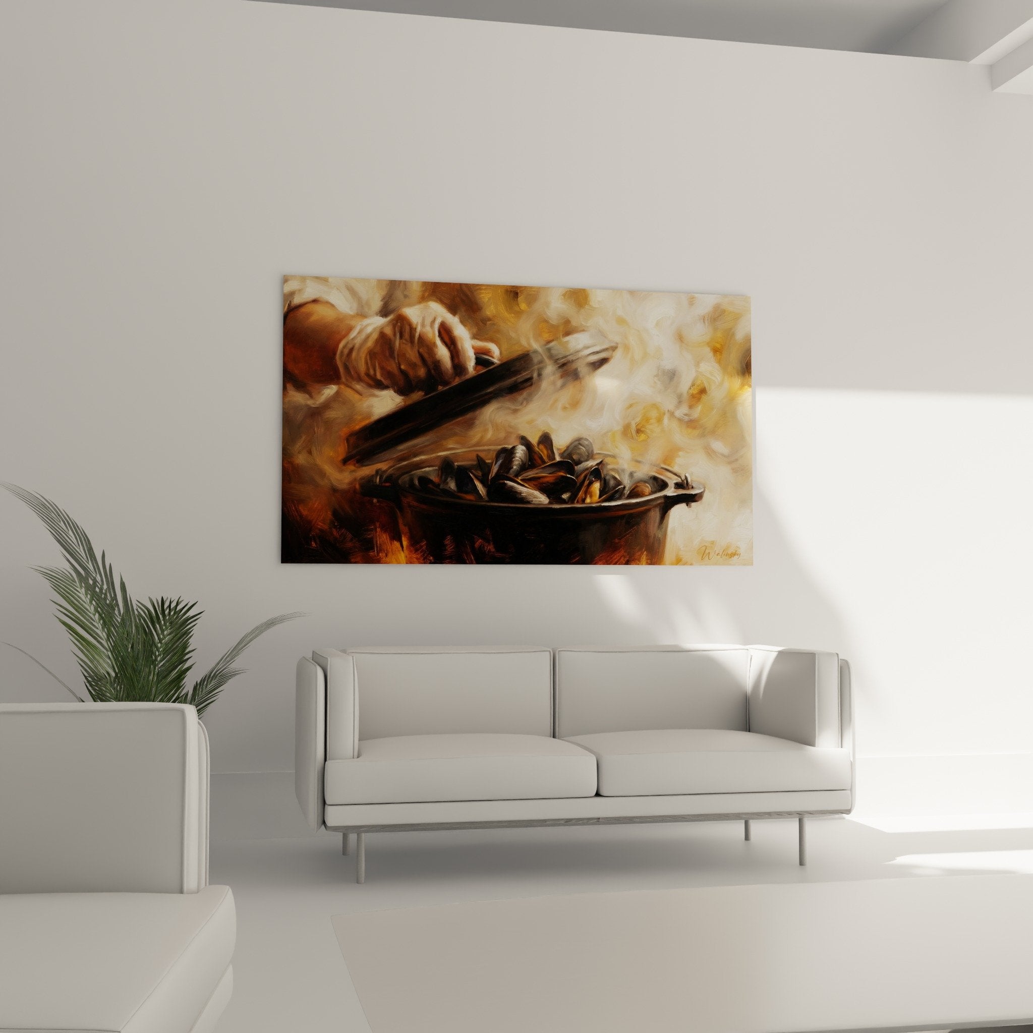 detail peinture moules coquillages noirs marmite cuivre vapeur blanche