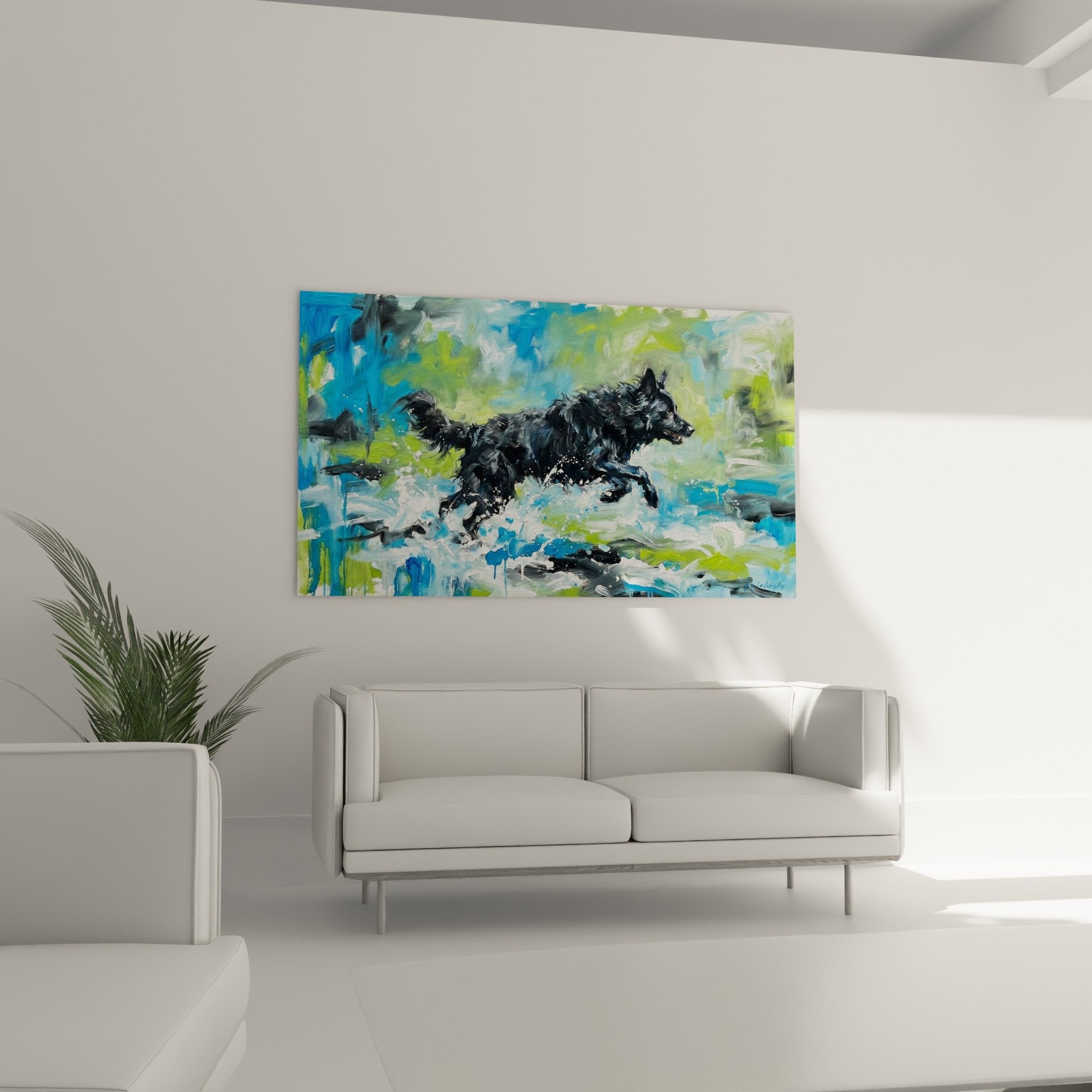 Détail rapproché peinture Mudi éclaboussures blanches coups pinceau expressifs texture empâtée