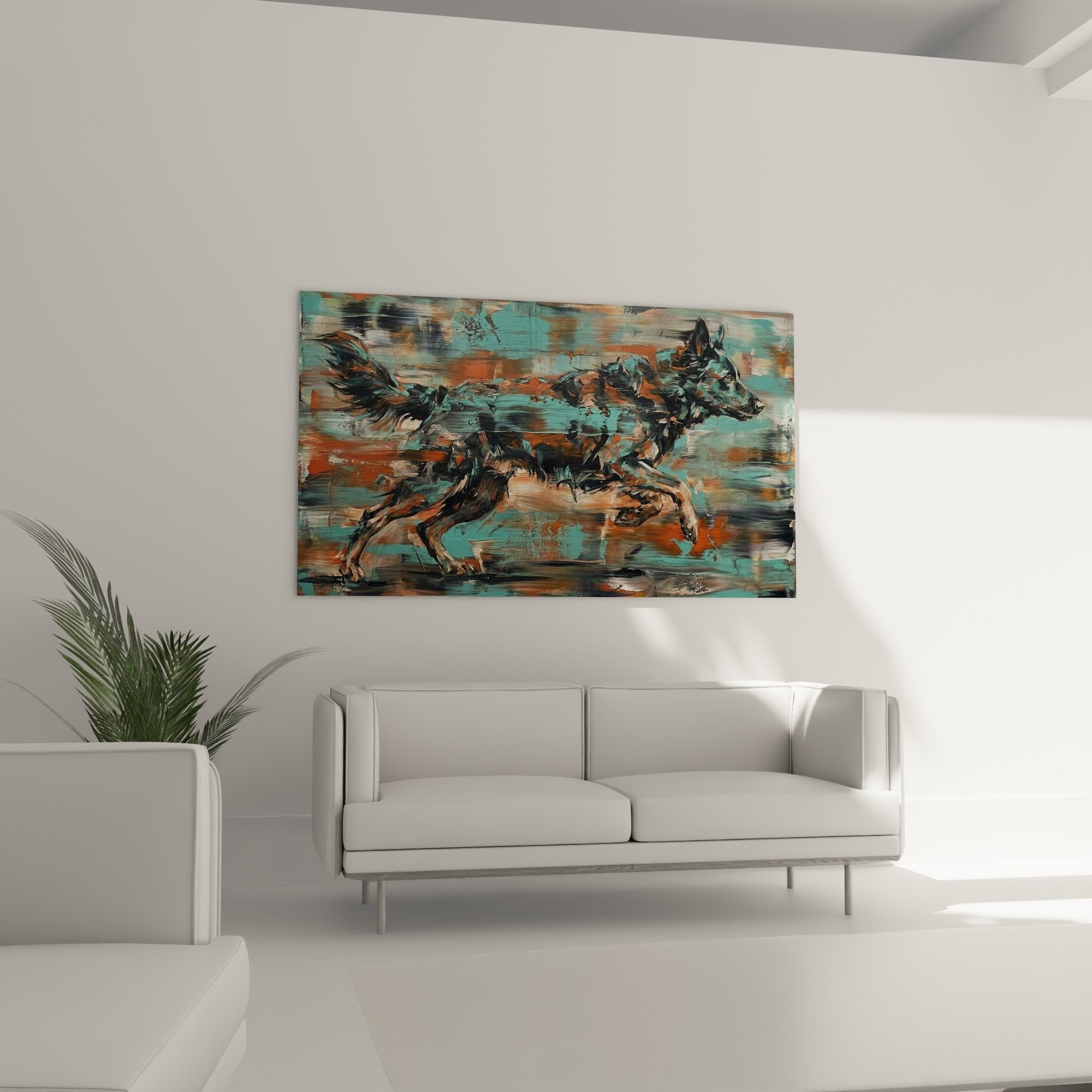 Mudi painting detail textured impasto, expressive turquoise orange brushstrokes contemporary art quality