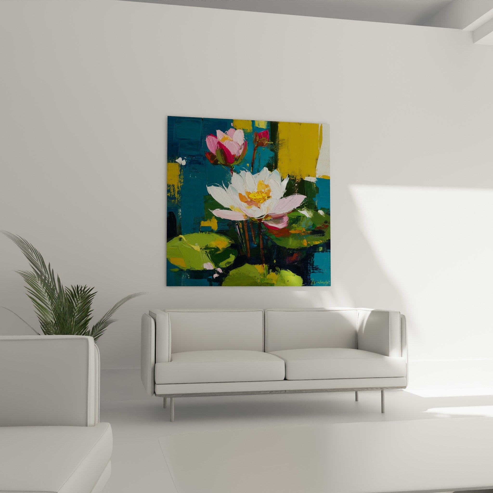 Détail peinture nénuphar blanc aux pétales épais, technique empâtement, cœur jaune doré