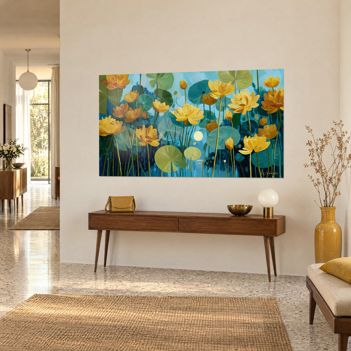 Wall art of an impressionist water garden, saffron yellow flowers, turquoise dots and a pale moon, above a wooden console