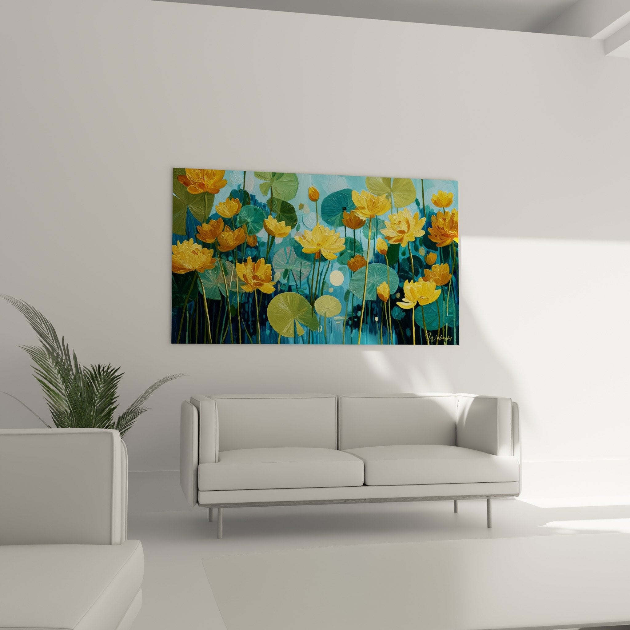 Détail peinture nénuphars dorés avec pétales jaunes éclatants et feuilles de lotus vert émeraude sur fond bleu