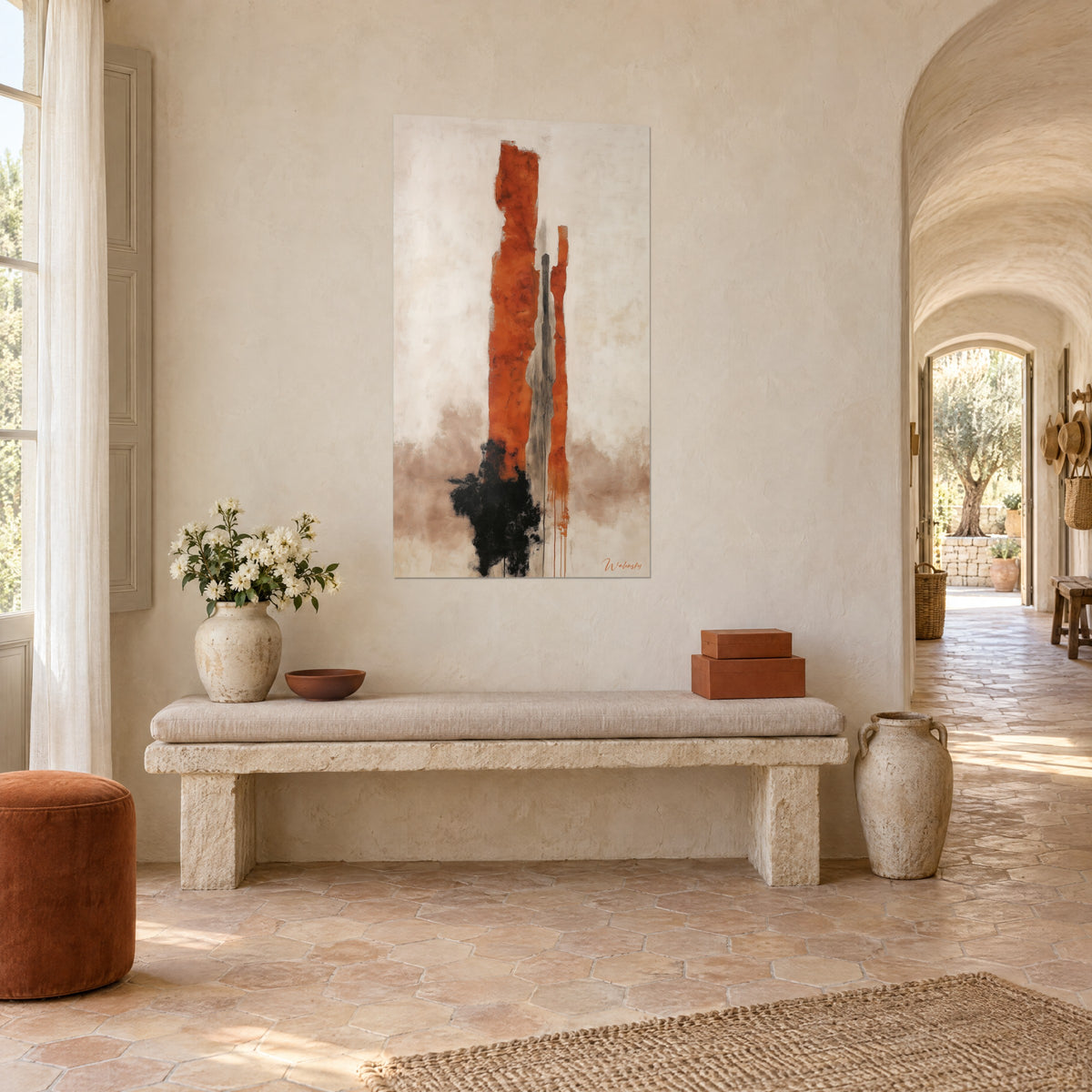Wall art columns in burnt earth and charcoal grey stroke, ivory background with beige nuances, hung in a Provençal farmhouse with stone arches