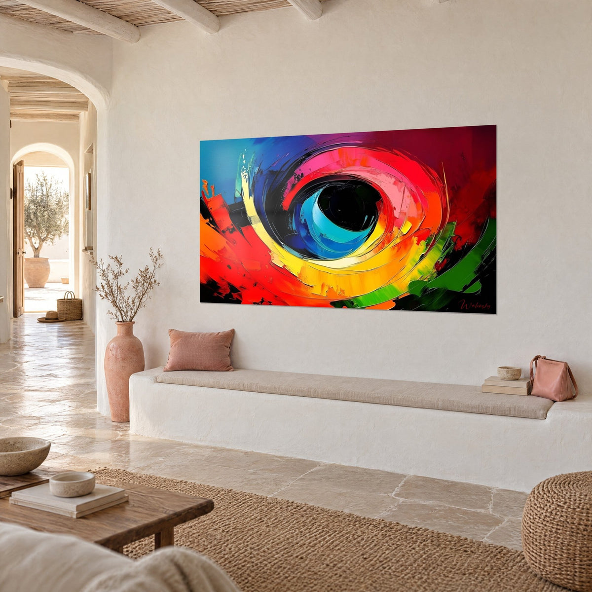 Schilderij Regenboogspiraal geschilderd met een paletmes, kobaltblauw en levendig oranje, driekwart zicht in een mediterraan huis
