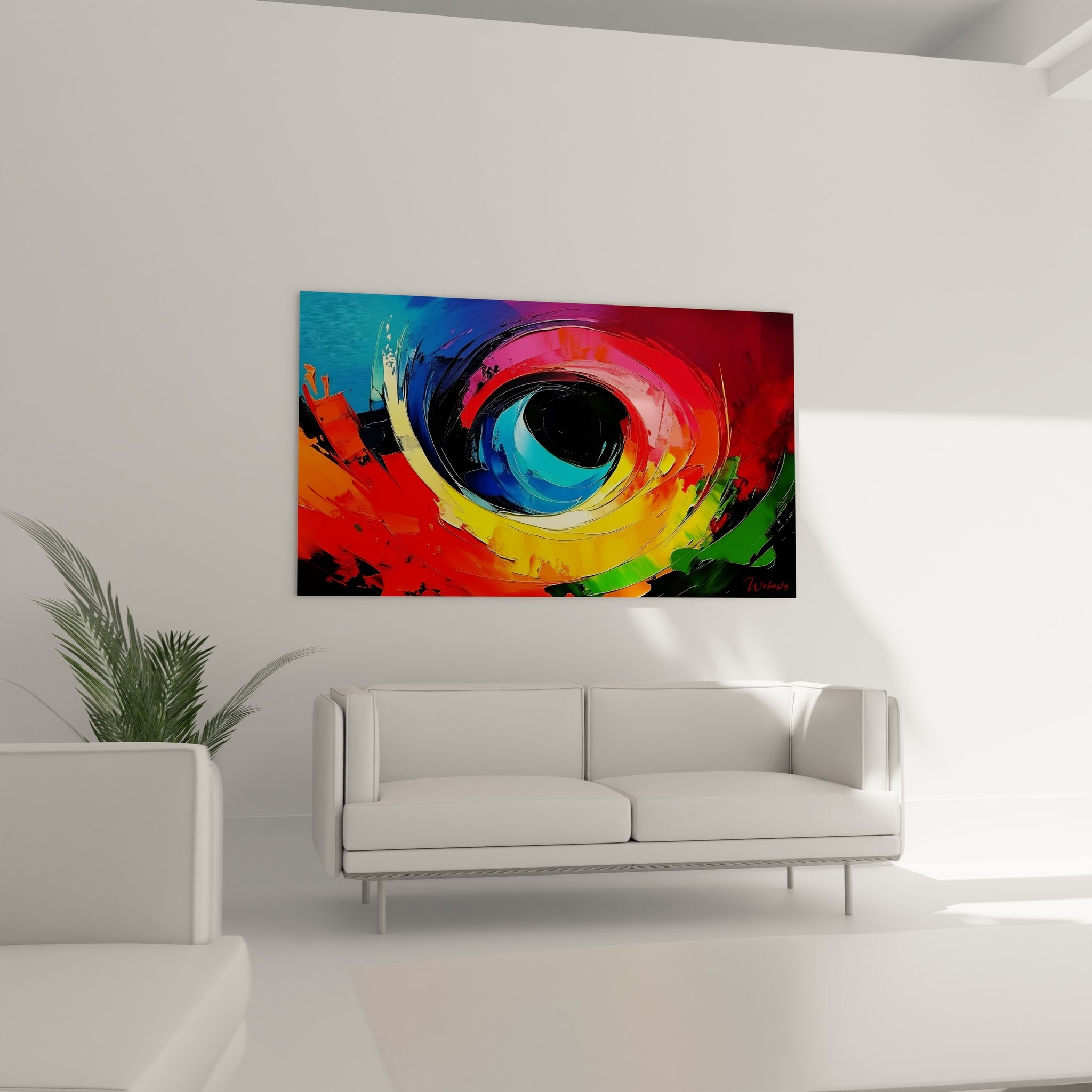 Gros plan détail peinture œil abstrait spirale couleurs vives texture pinceau art moderne expressif
