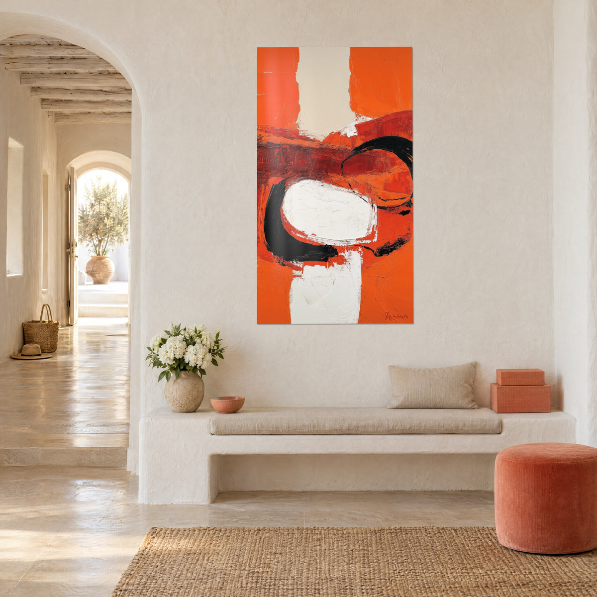 Quadro tela a spatola, ovale bianco gessoso cerchiato di nero su fondo arancio e rosso, panca in pietra e arco