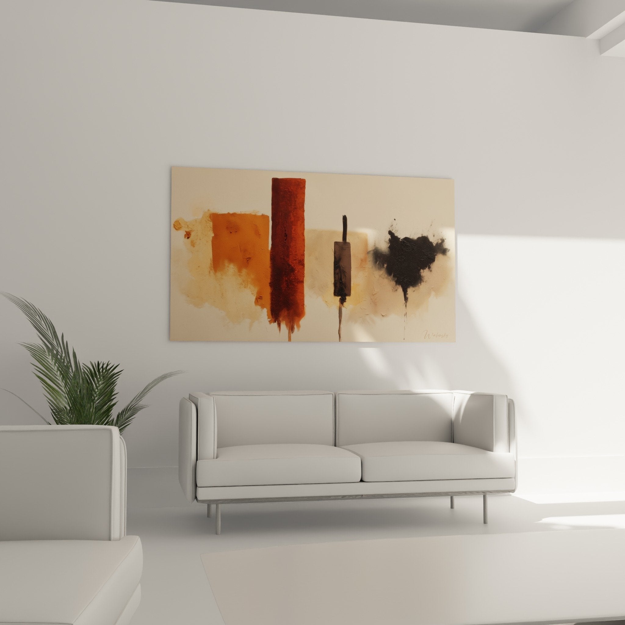 Orange and black color detail abstract painting with drips and thick impasto strokes feng shui earth center