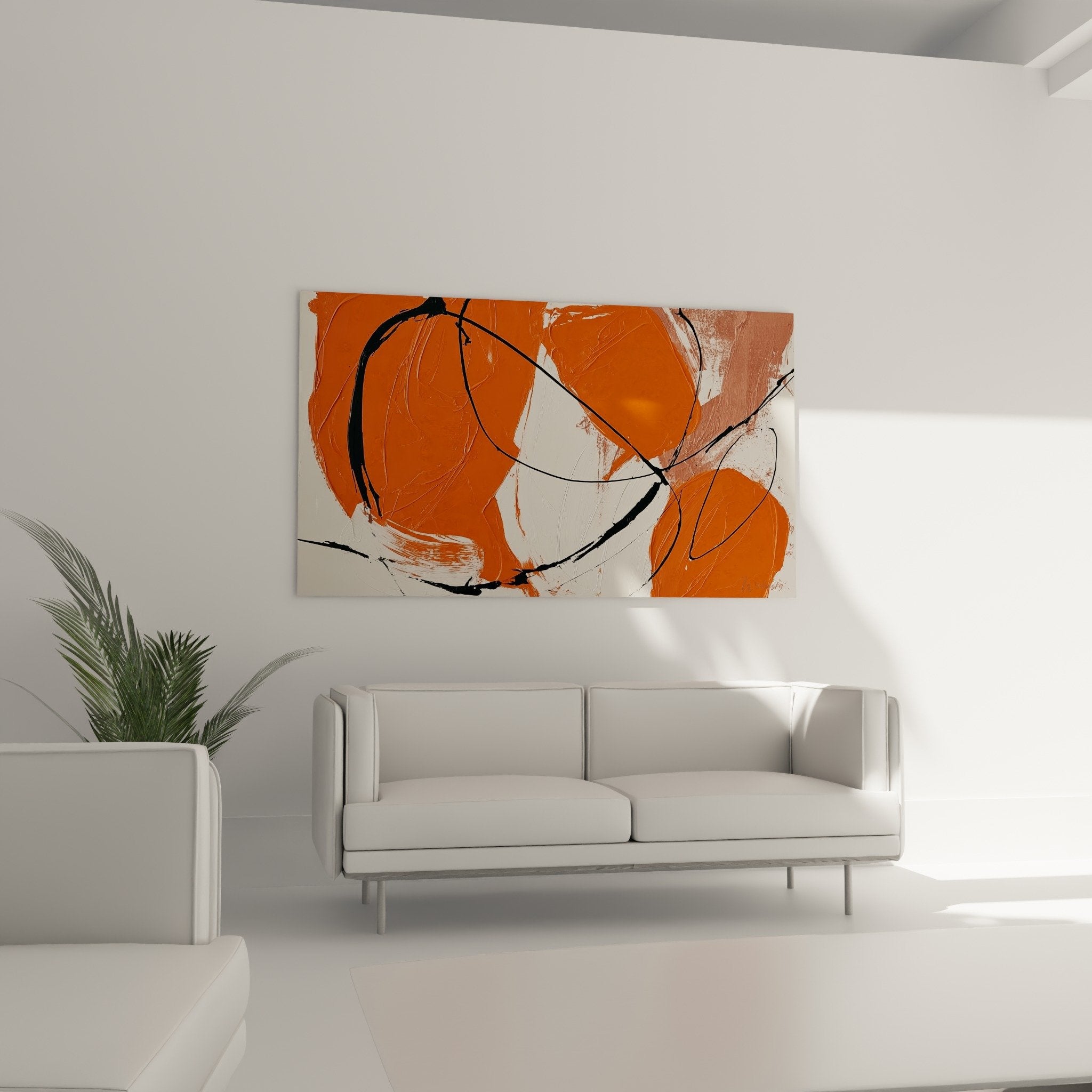 Abstract orange mandarin painting detail with black strokes, gestural feng shui south fire texture