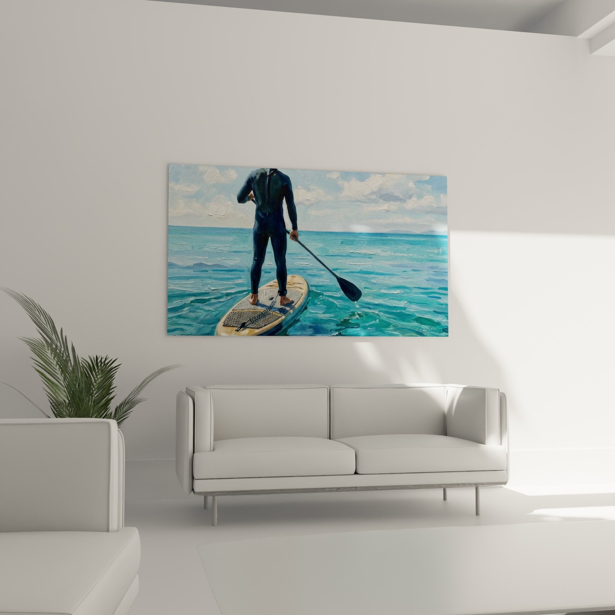 Detail tableau paddle technique peinture empâtement vagues turquoise planche doree art contemporain