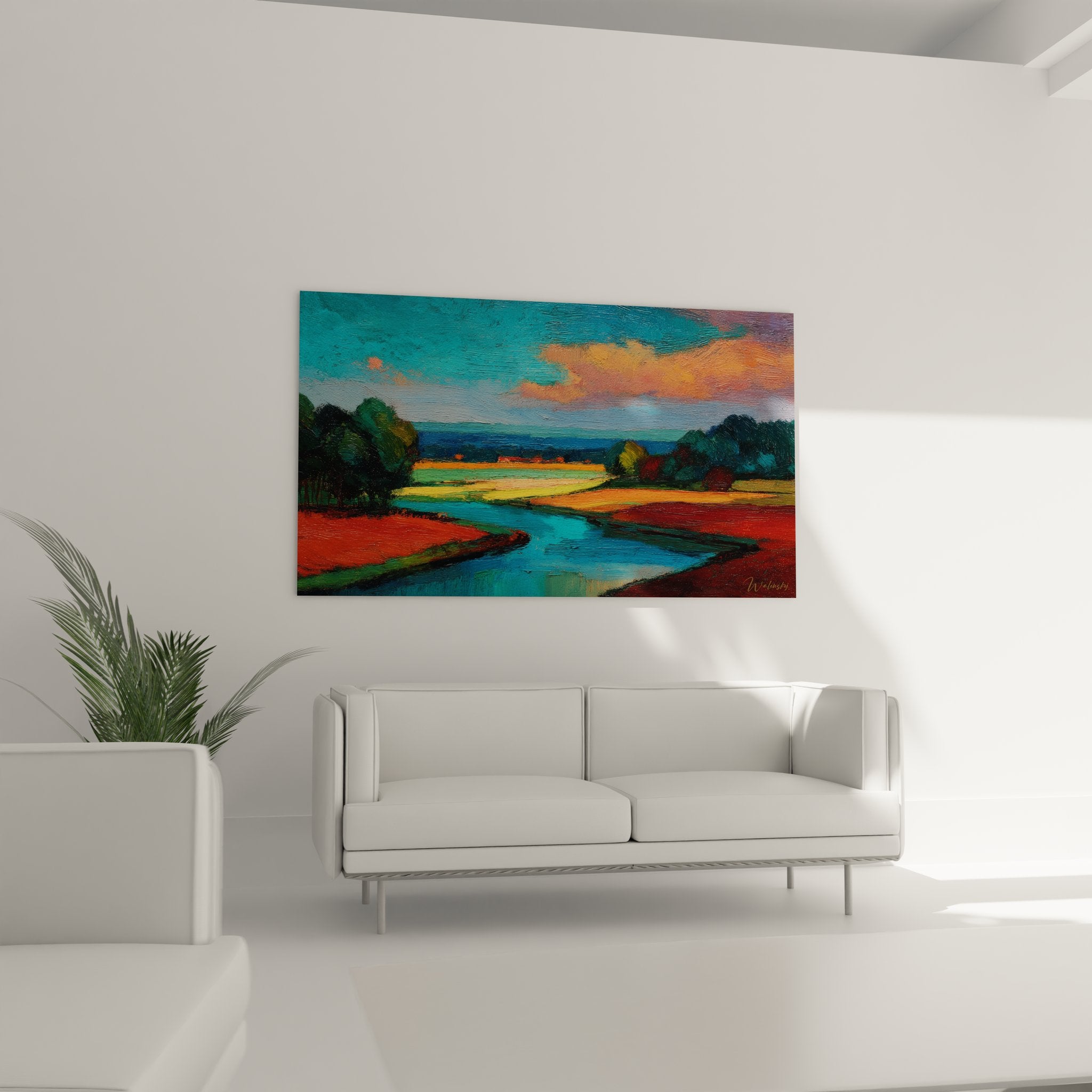 Détail peinture paysage campagne rivière couleurs vives texture coups pinceau visible