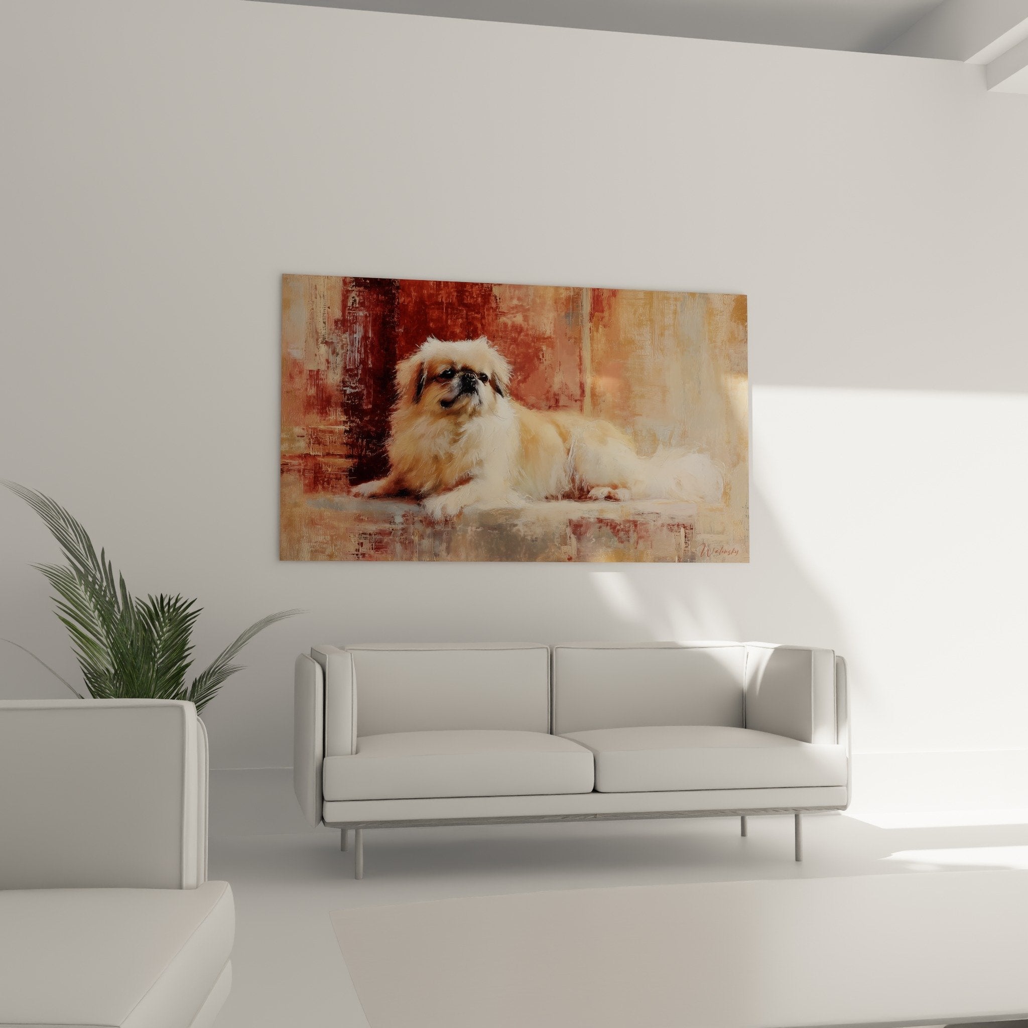 Detail peinture Pekinois pelage dore technique picturale impressionniste portrait animalier