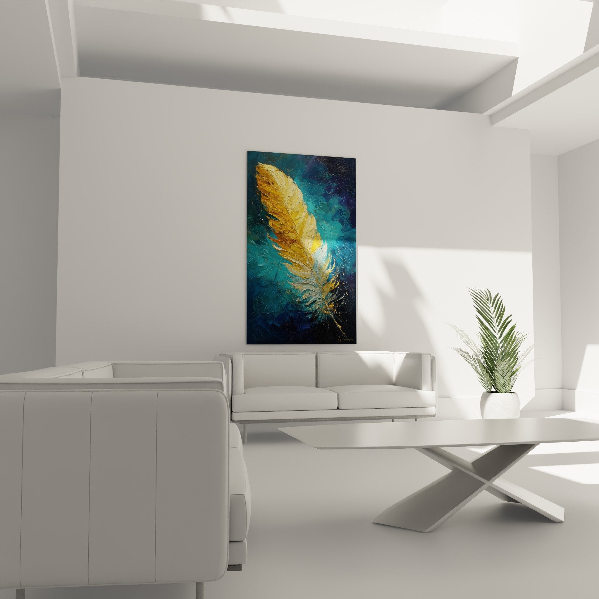 Détail peinture épaisse plume dorée texture relief empâtement bleu turquoise art contemporain