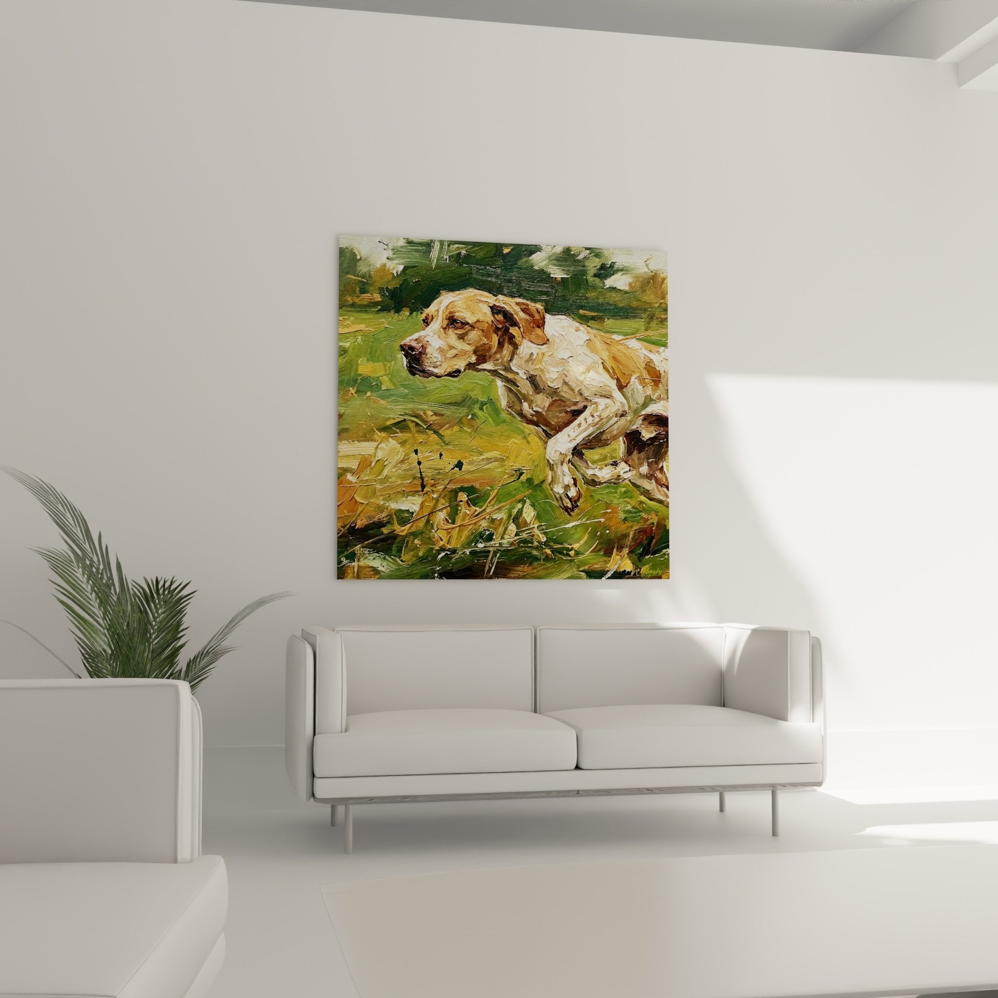 Dettaglio dipinto Pointer Inglese, texture impasto, colori rossi e verdi, arte animaliera