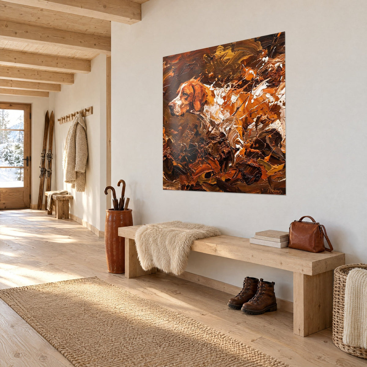 Tableau pointer anglais au pelage orangé, empâtements ocre et bruns, sur un mur clair, vue de trois-quarts, entrée de chalet