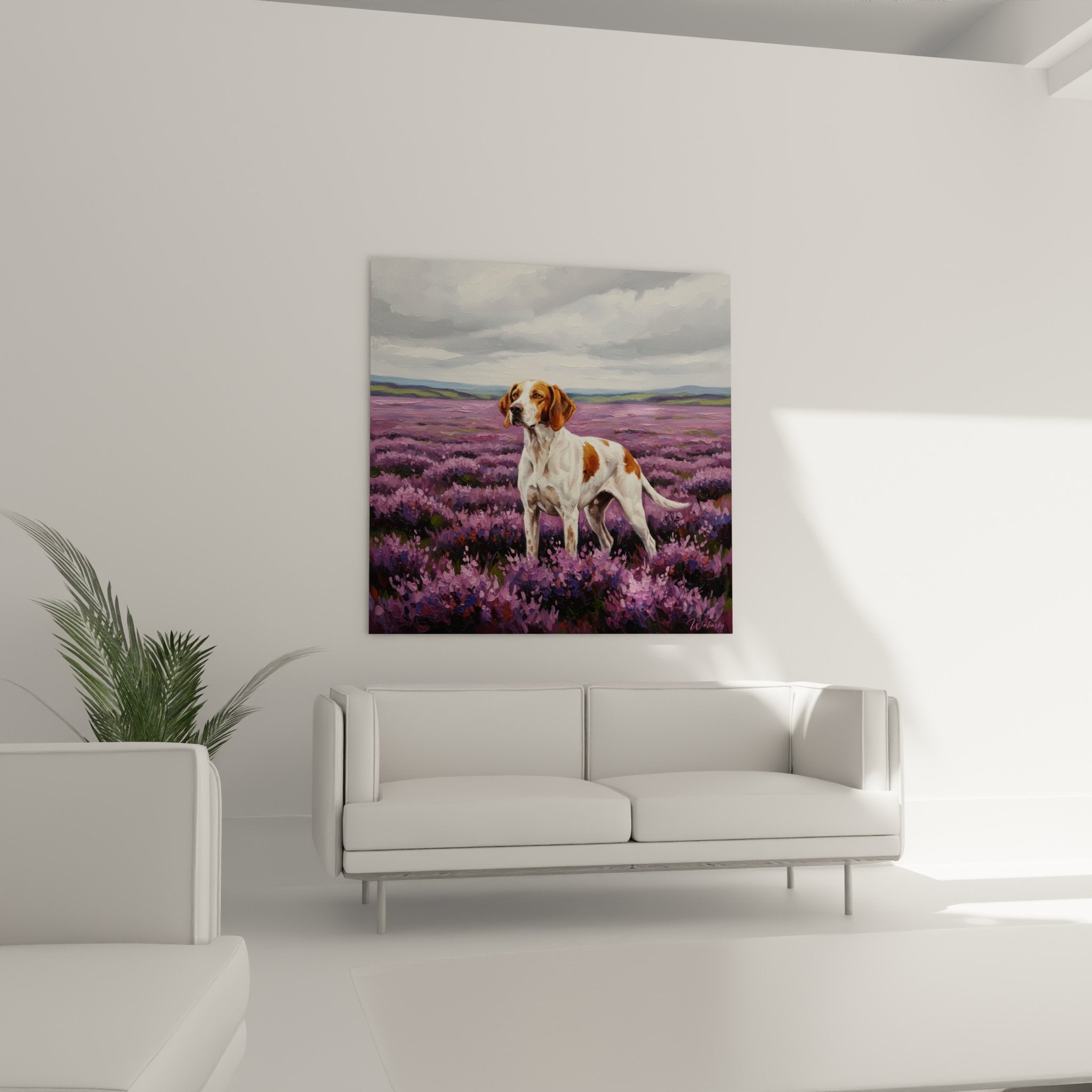 Dettaglio dipinto pointer inglese mantello bianco rosso texture artistica erica viola