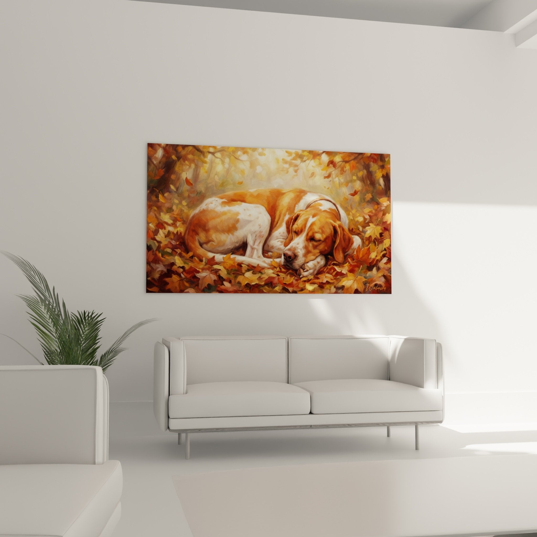 Detail peinture pointer anglais pelage roux blanc feuilles dorees texture artistique closeup tableau chien