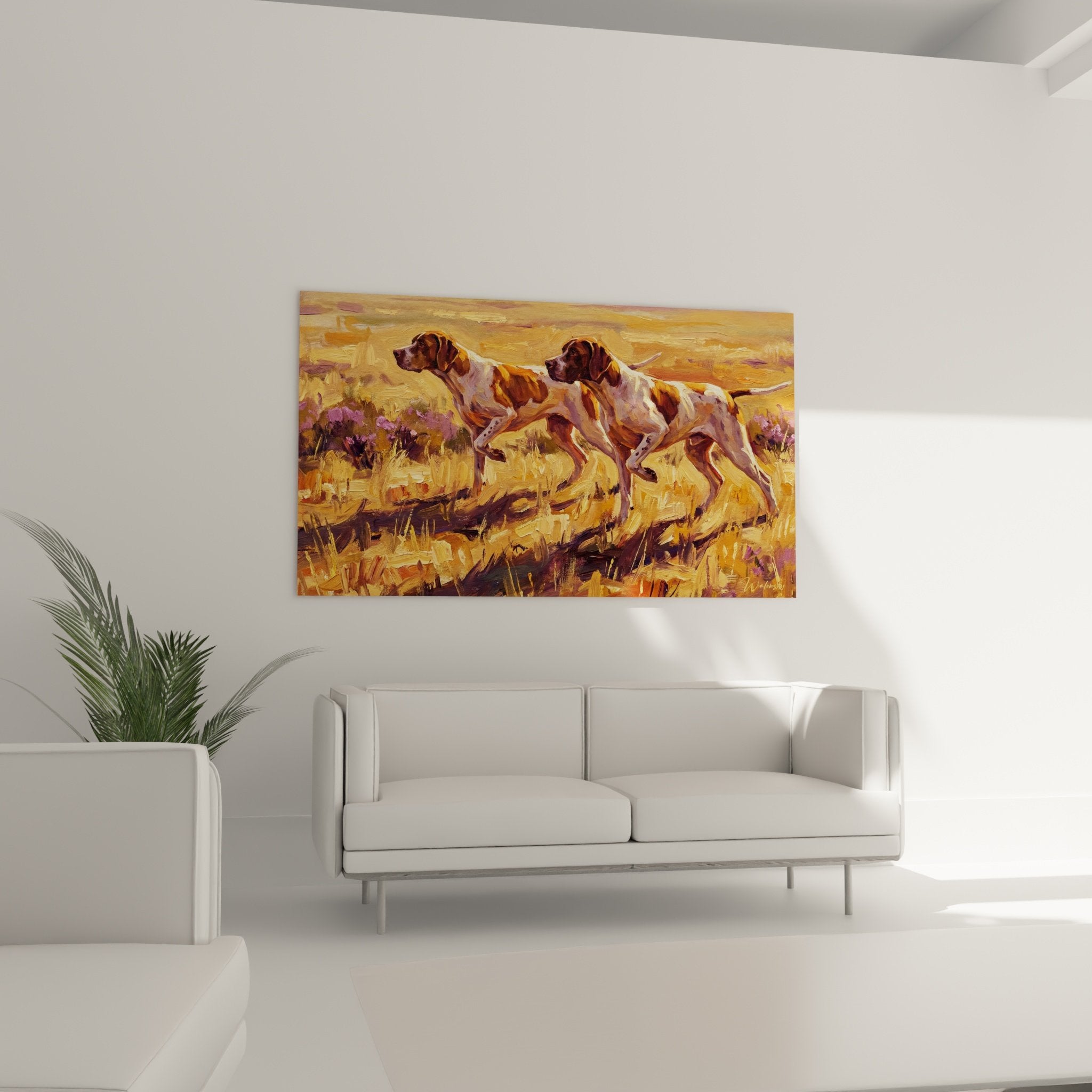 Détail peinture Pointer Anglais pelage blanc brun technique empâtements coups pinceau expressifs lumière dorée