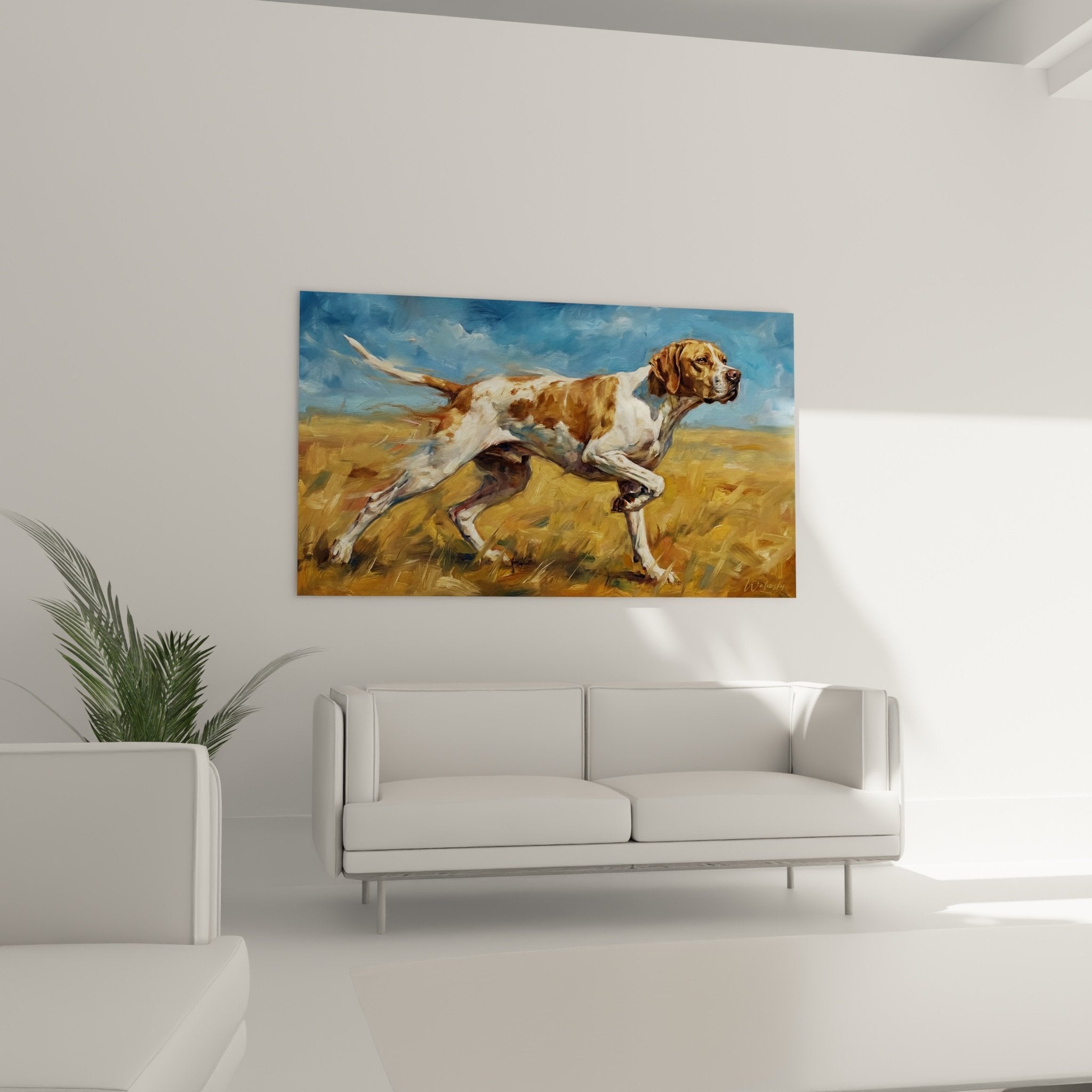 Detail peinture Pointer Anglais pelage blanc fauve technique pinceau expressif portrait animalier realiste