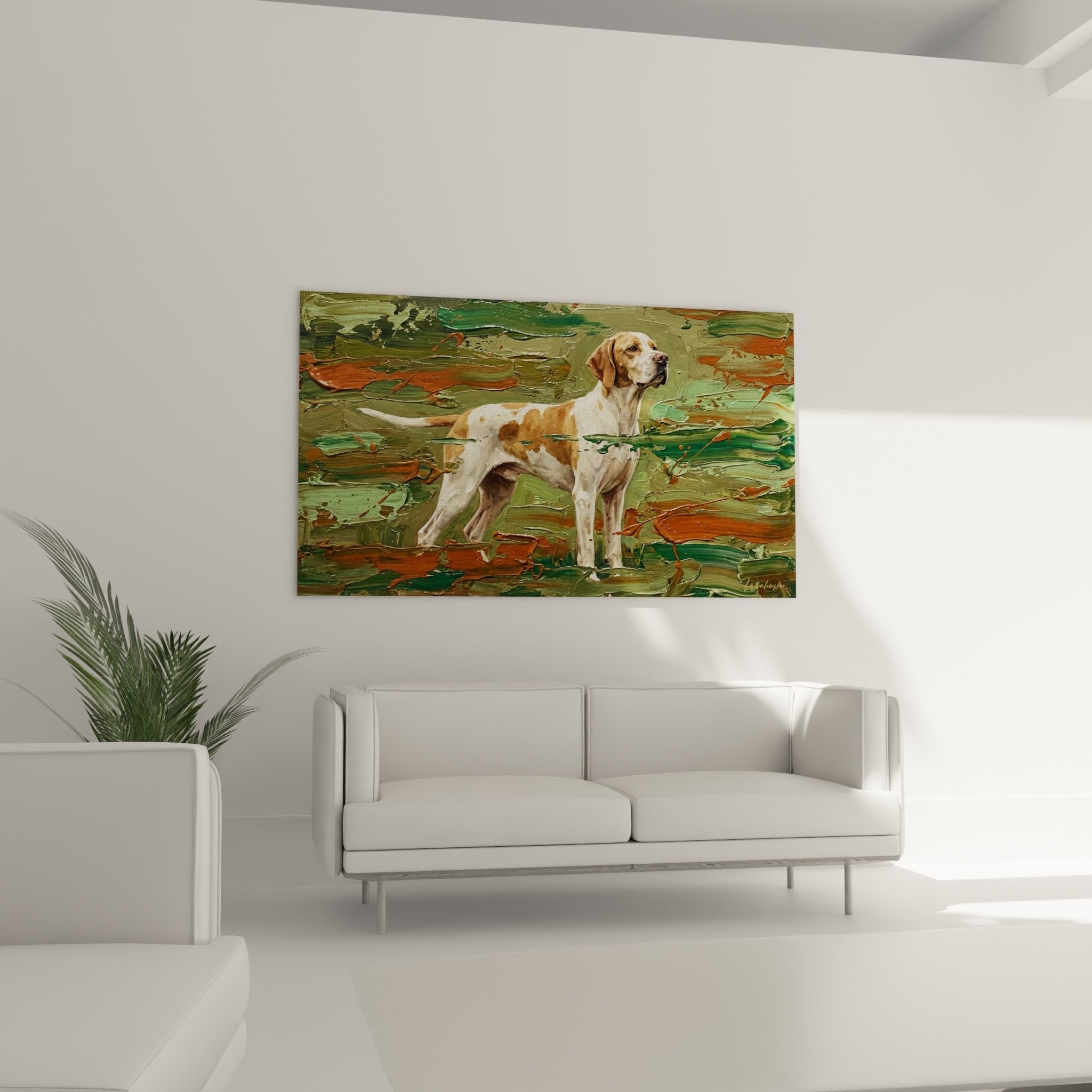 Detail empâtement peinture Pointer Anglais pelage blanc fauve texture rugueuse