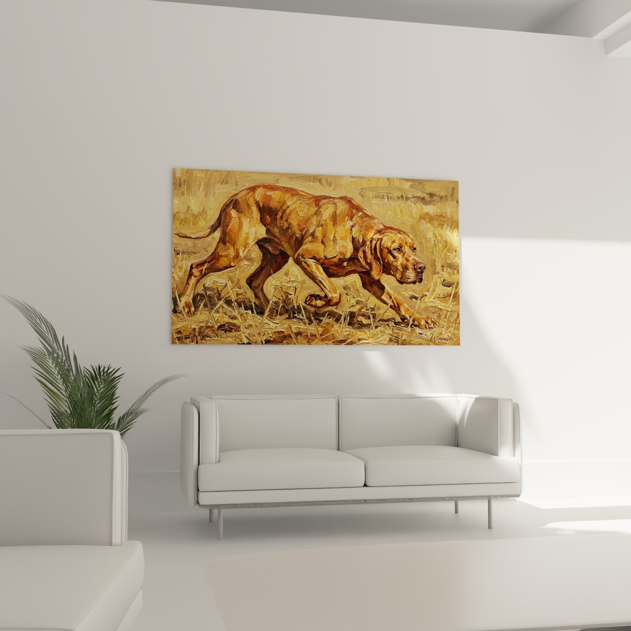 Détail peinture texture empâtée Pointer Anglais pelage doré technique impressionniste art canin contemporain