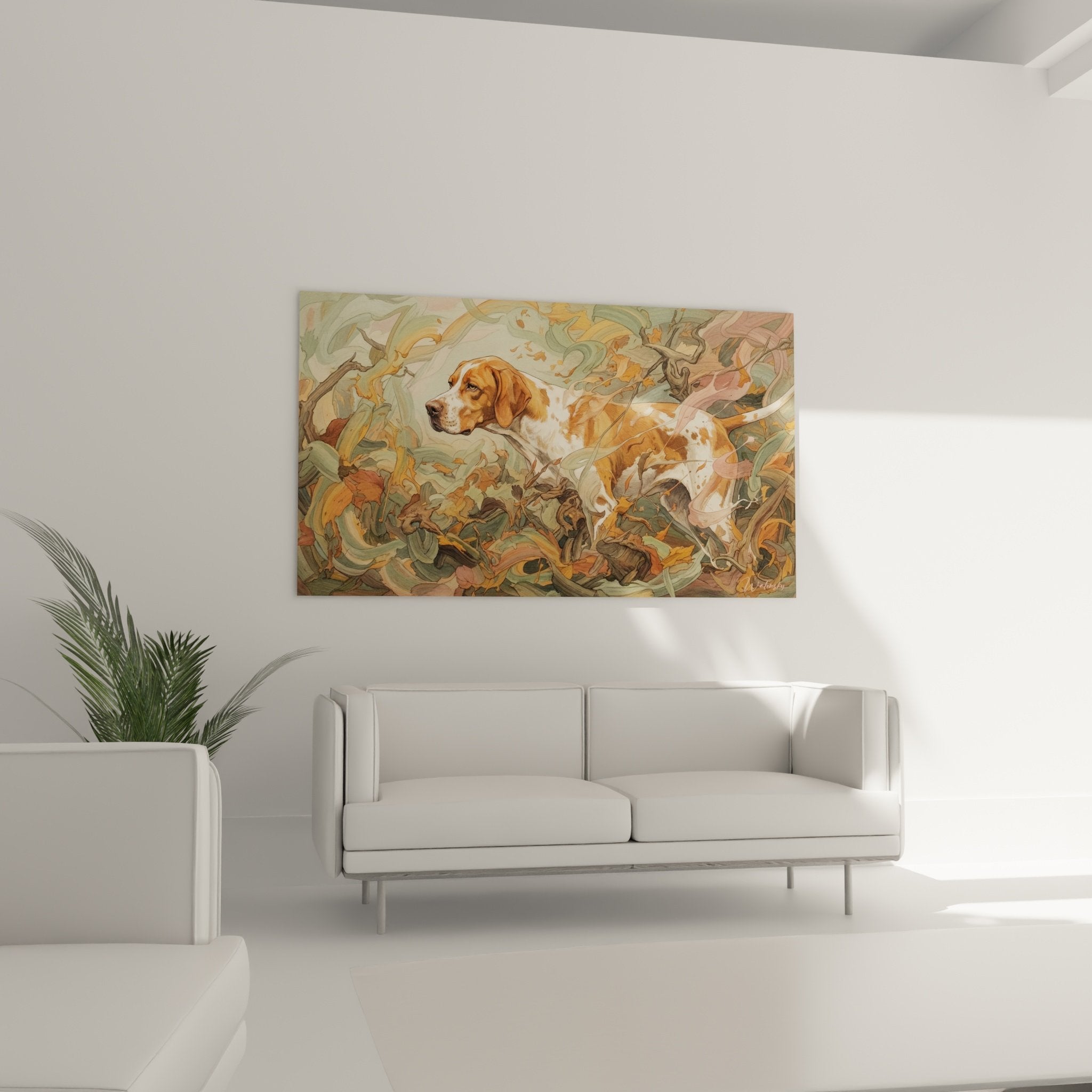 Dettaglio pittura pointer inglese mantello rosso foglie autunnali