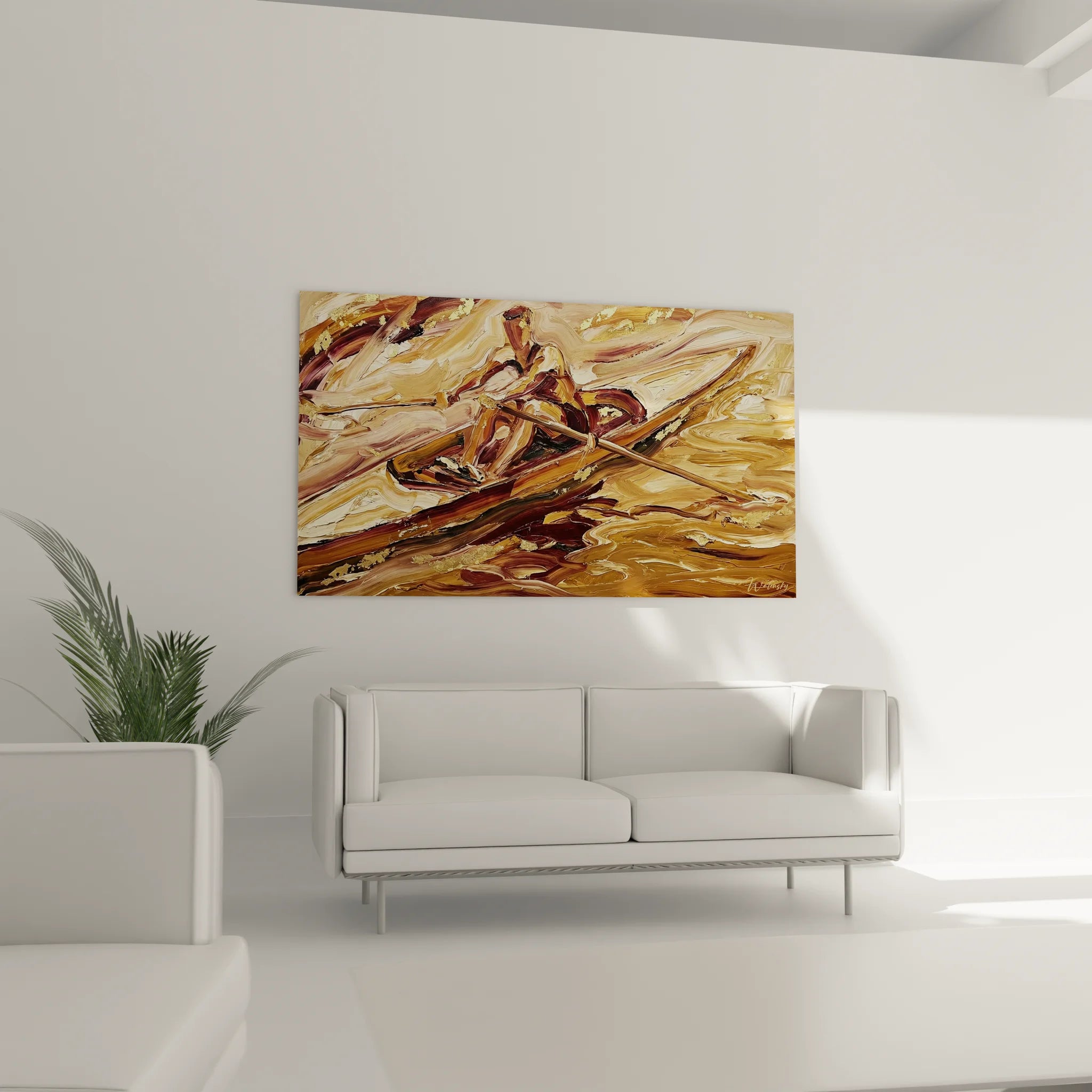 Détail peinture rameur texture empâtement tons cuivrés art aviron