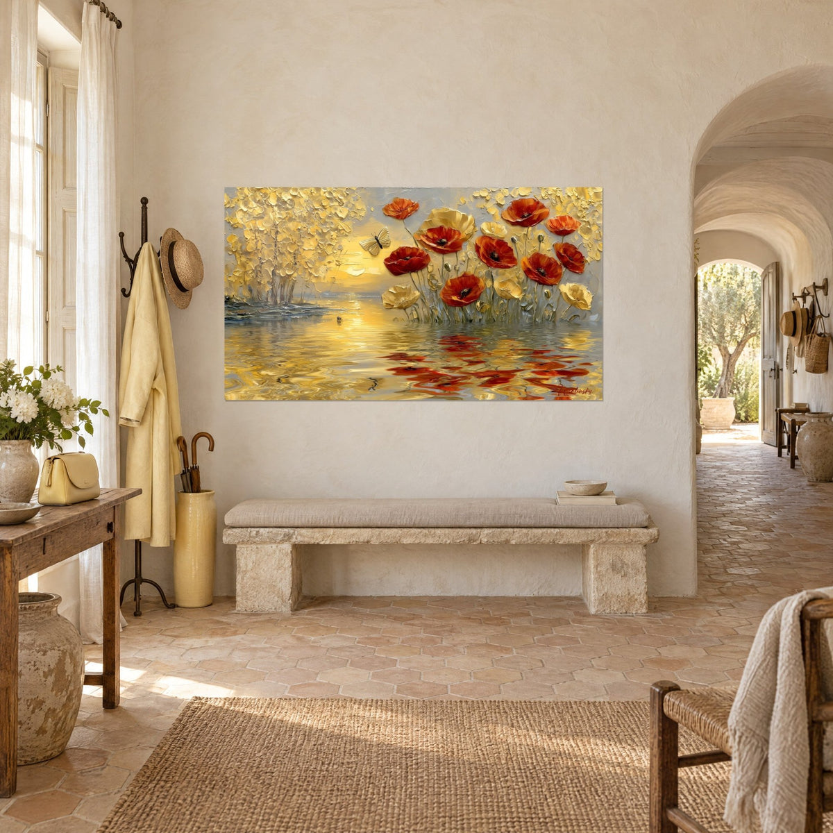 Schilderij scharlakenrode en crèmekleurige klaprozen, ivoren vlinder en gouden bomen in dik impasto, Provençaals landhuis in driekwartzicht