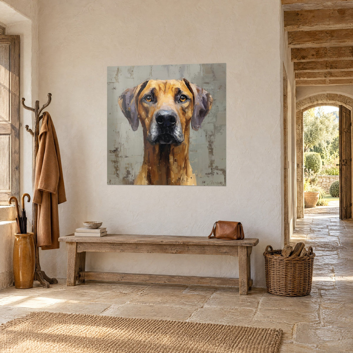Tableau portrait canin en coups de couteau ocre et gris, museau noir, fond vert-gris, près d'une arche de pierre dans une entrée