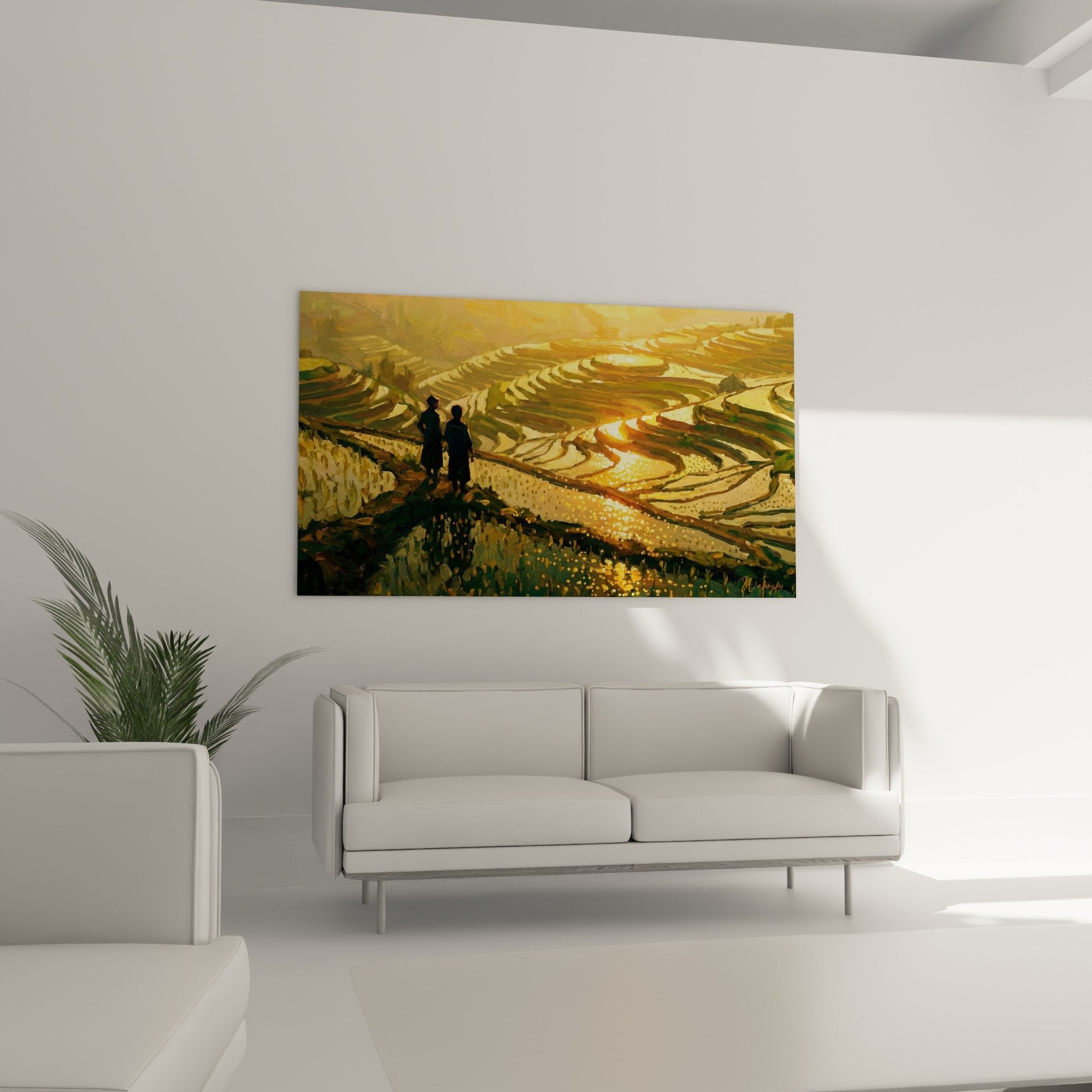 detail tableau rizieres bali peinture texture couleurs dorees ocre cuivre reflets lumineux terrasses