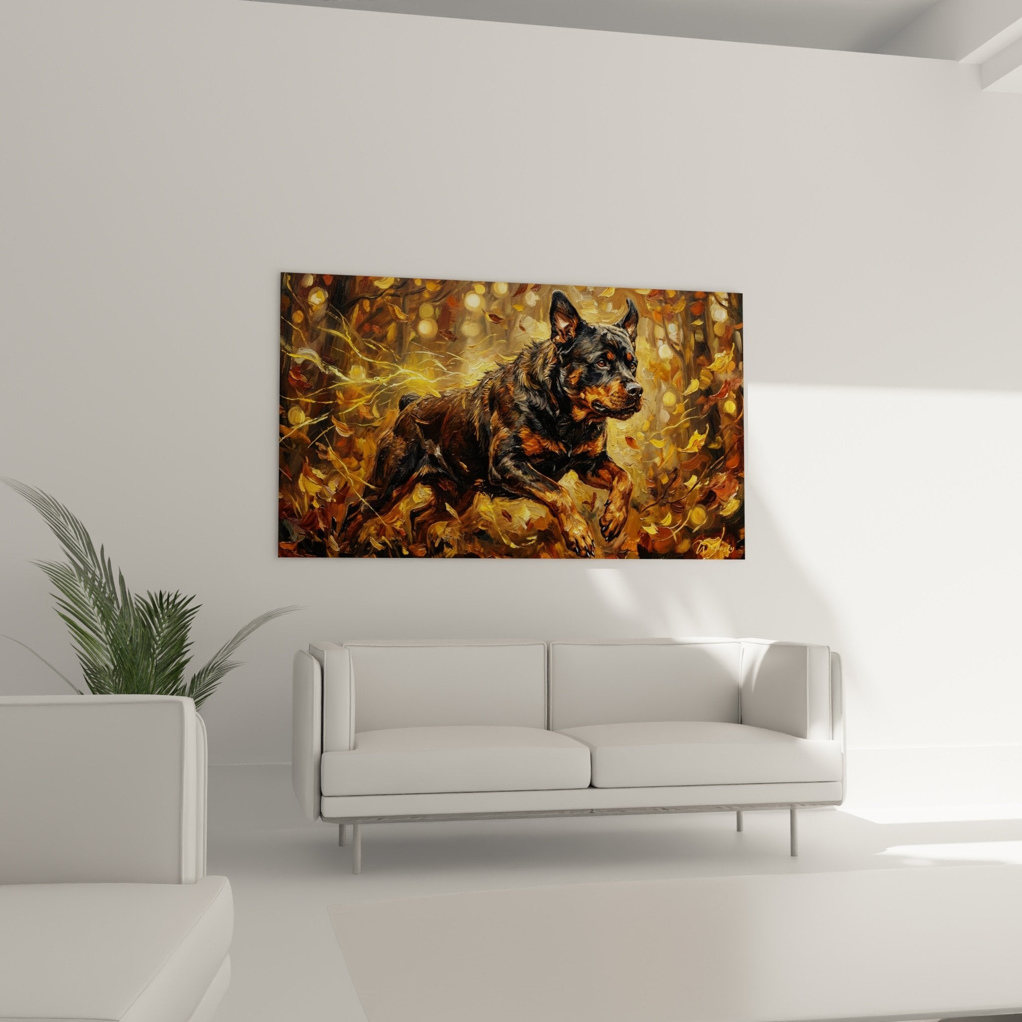 Gros plan tableau Rottweiler détails pelage noir touches dorées peinture texturée art