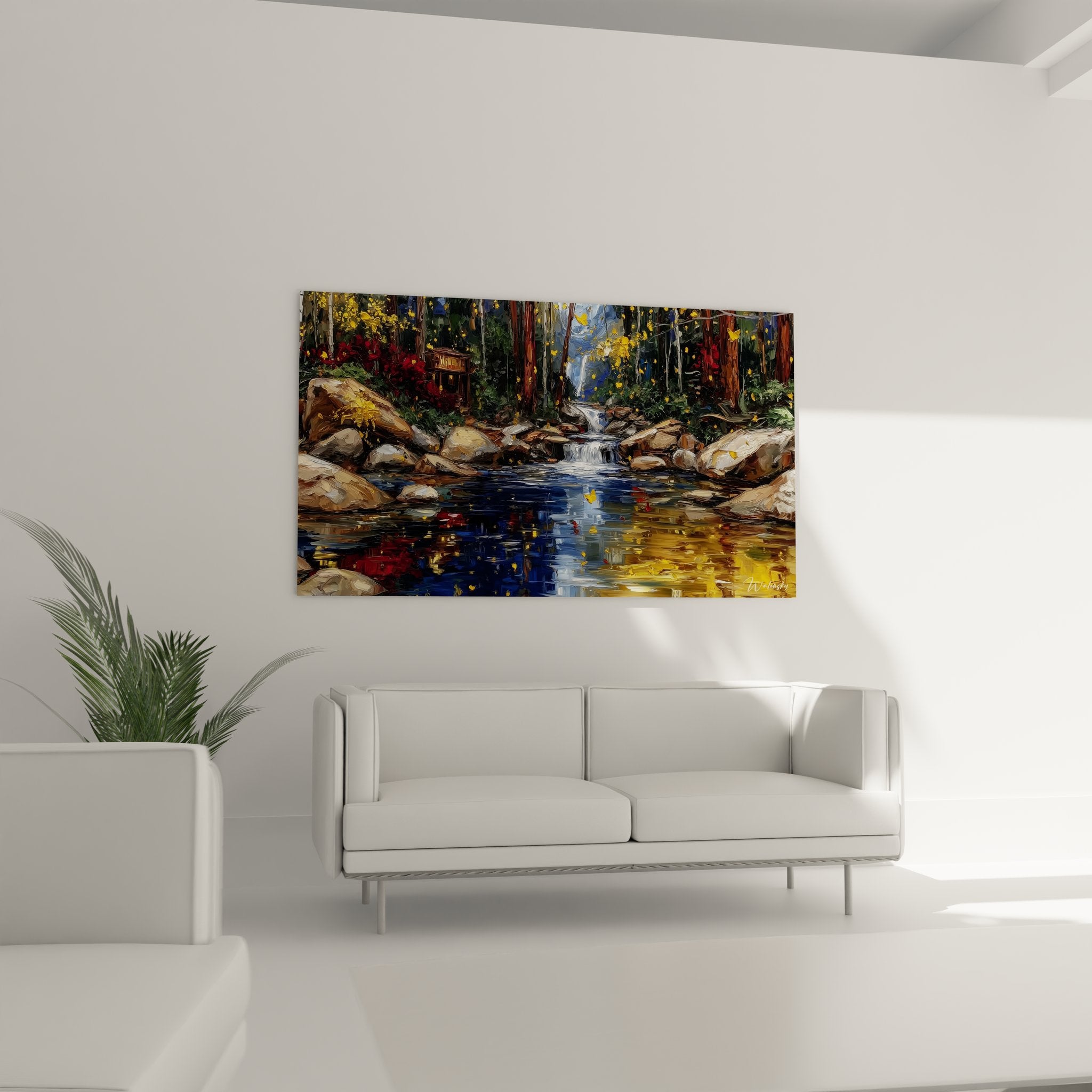 Détail peinture ruisseau montagne montrant technique empâtement et reflets eau