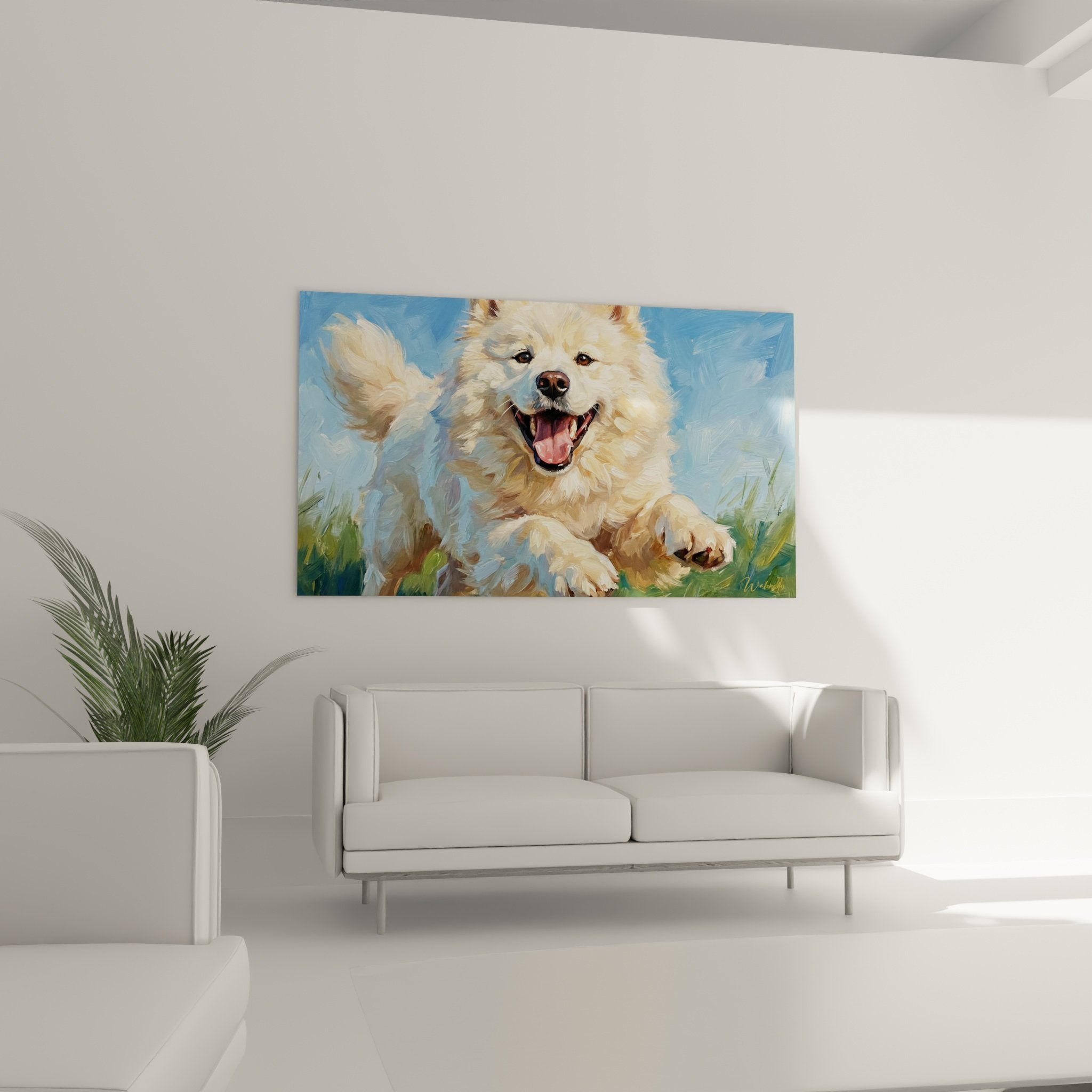 Detail peinture Samoyede expression joyeuse langue rose yeux petillants technique pinceau visible art animalier