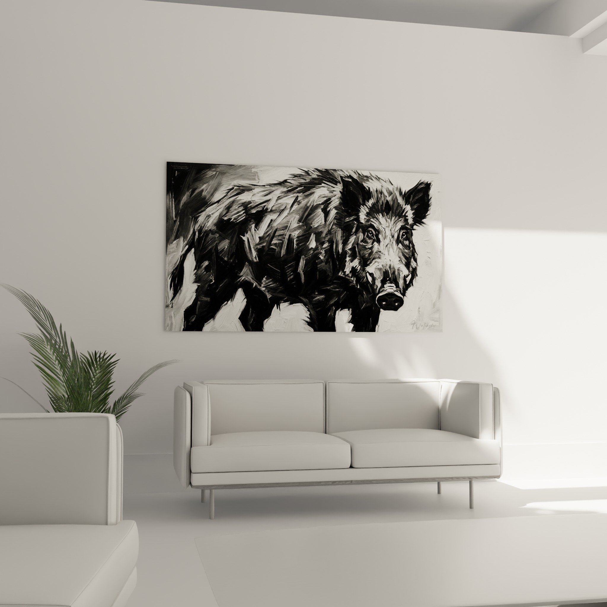 Wild boar painting detail intense gaze visible brushstrokes artistic texture black white contrast