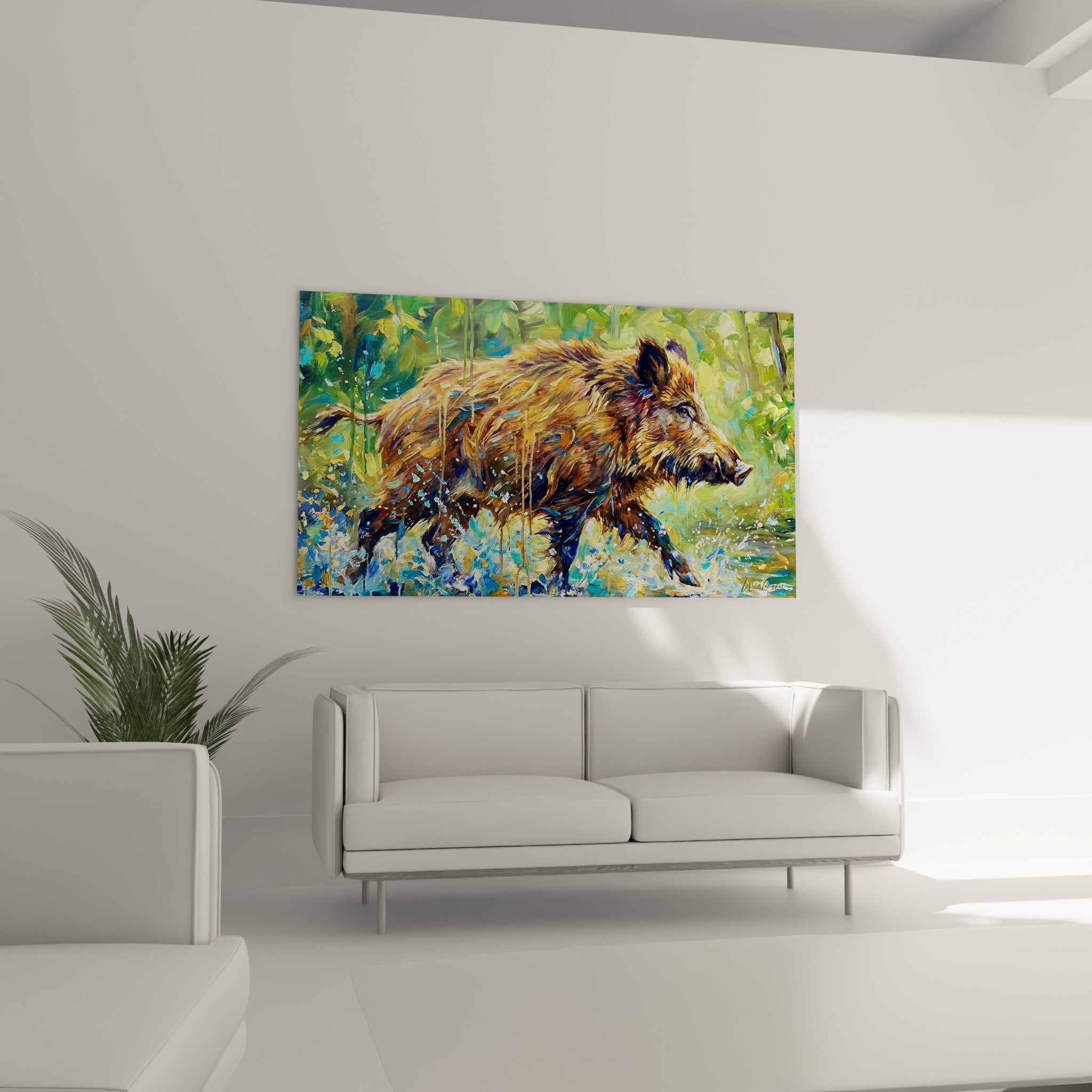 Brush detail wild boar painting golden brown fur texture artistic impasto brushstrokes