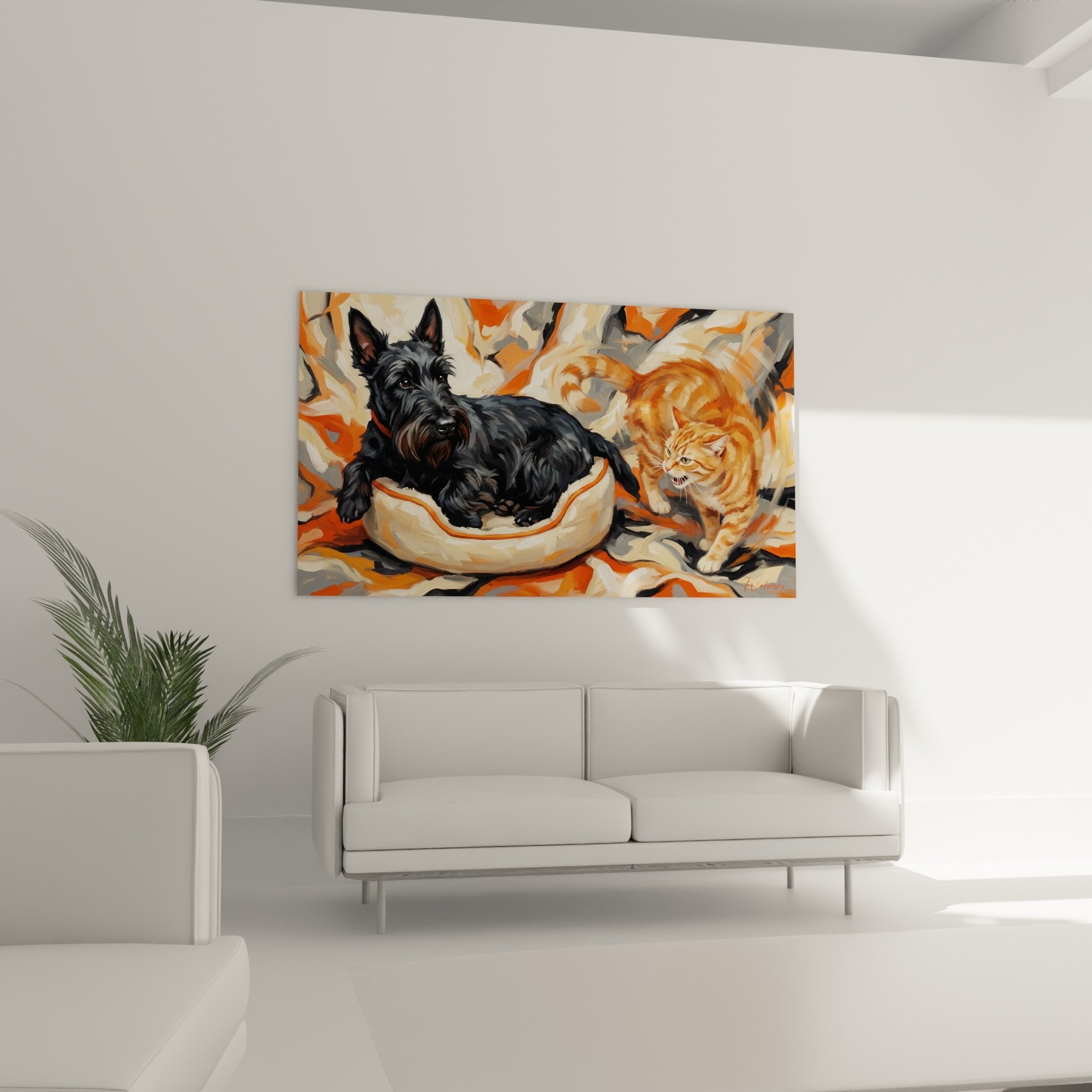 Détail peinture Scottish terrier pelage noir brillant et chat tigré roux, technique impressionniste moderne