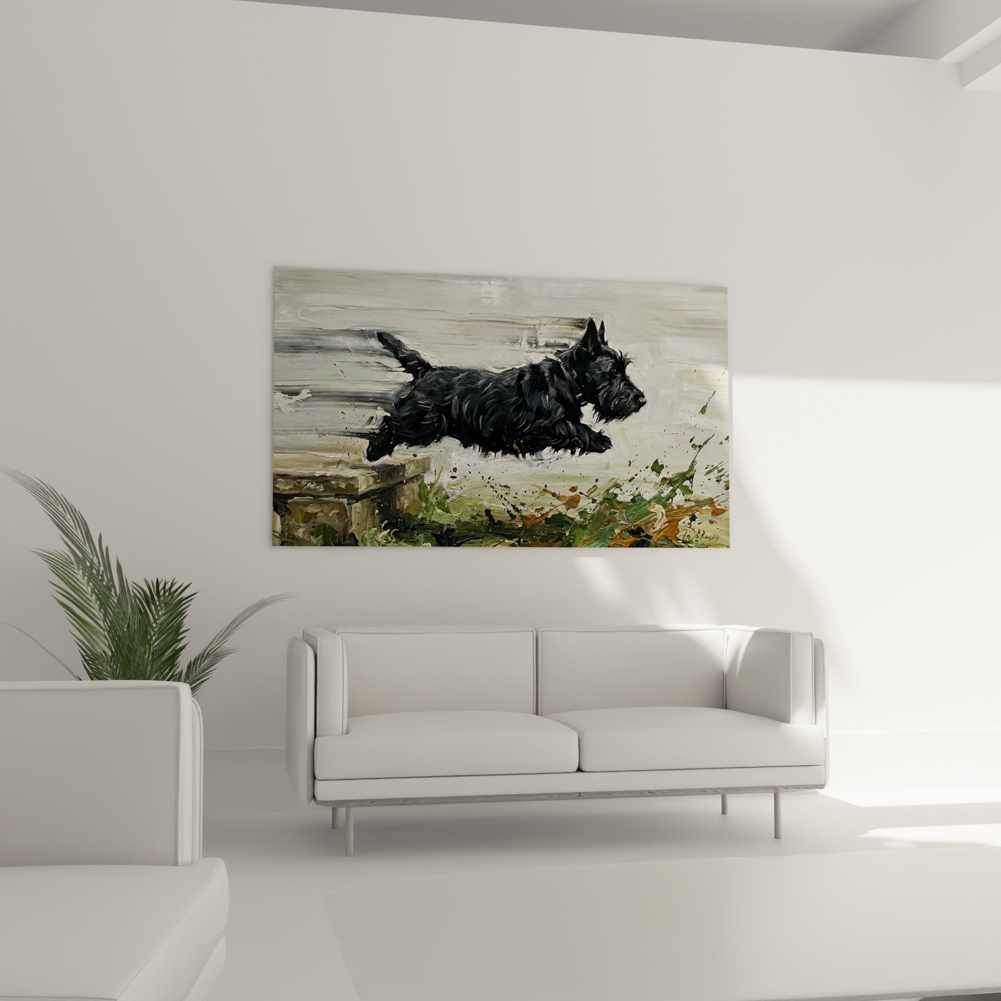 Détail peinture Scottish Terrier pelage noir texturé coups pinceau expressifs matière épaisse